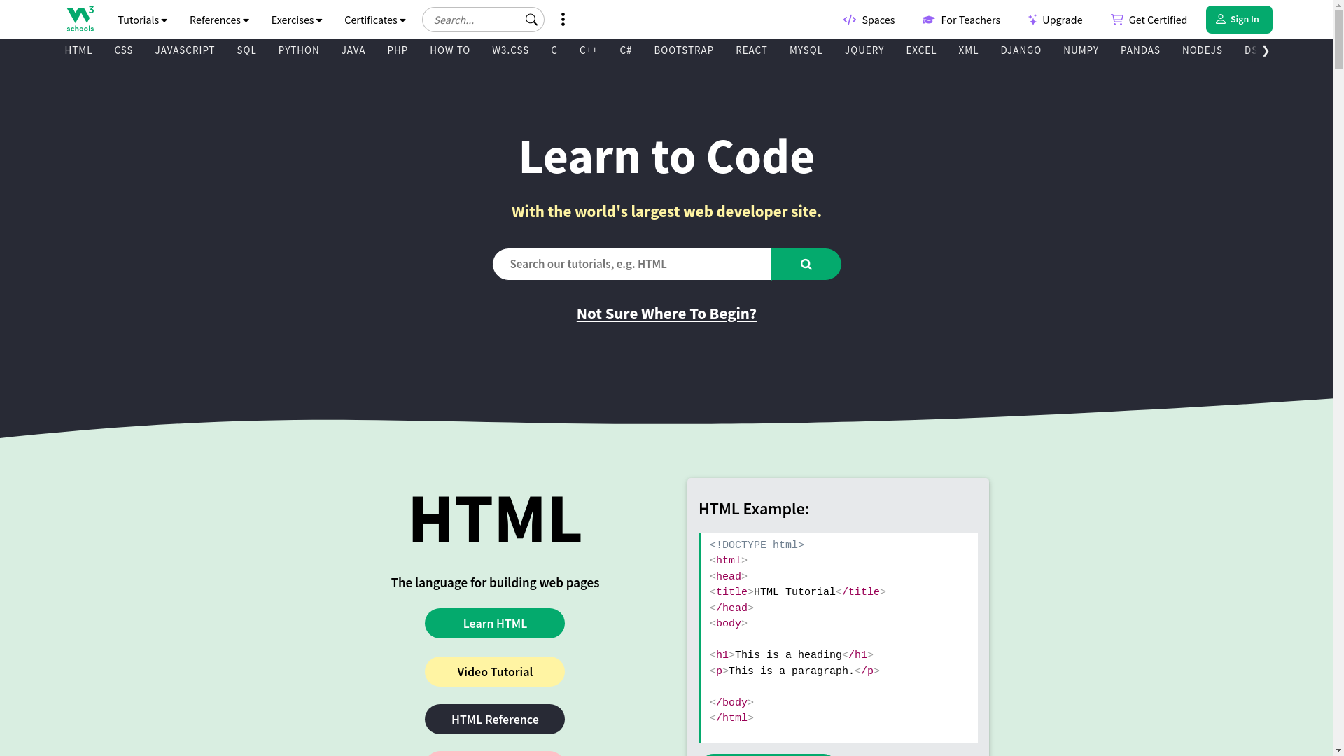 website screenshot of https://www.w3schools.com/