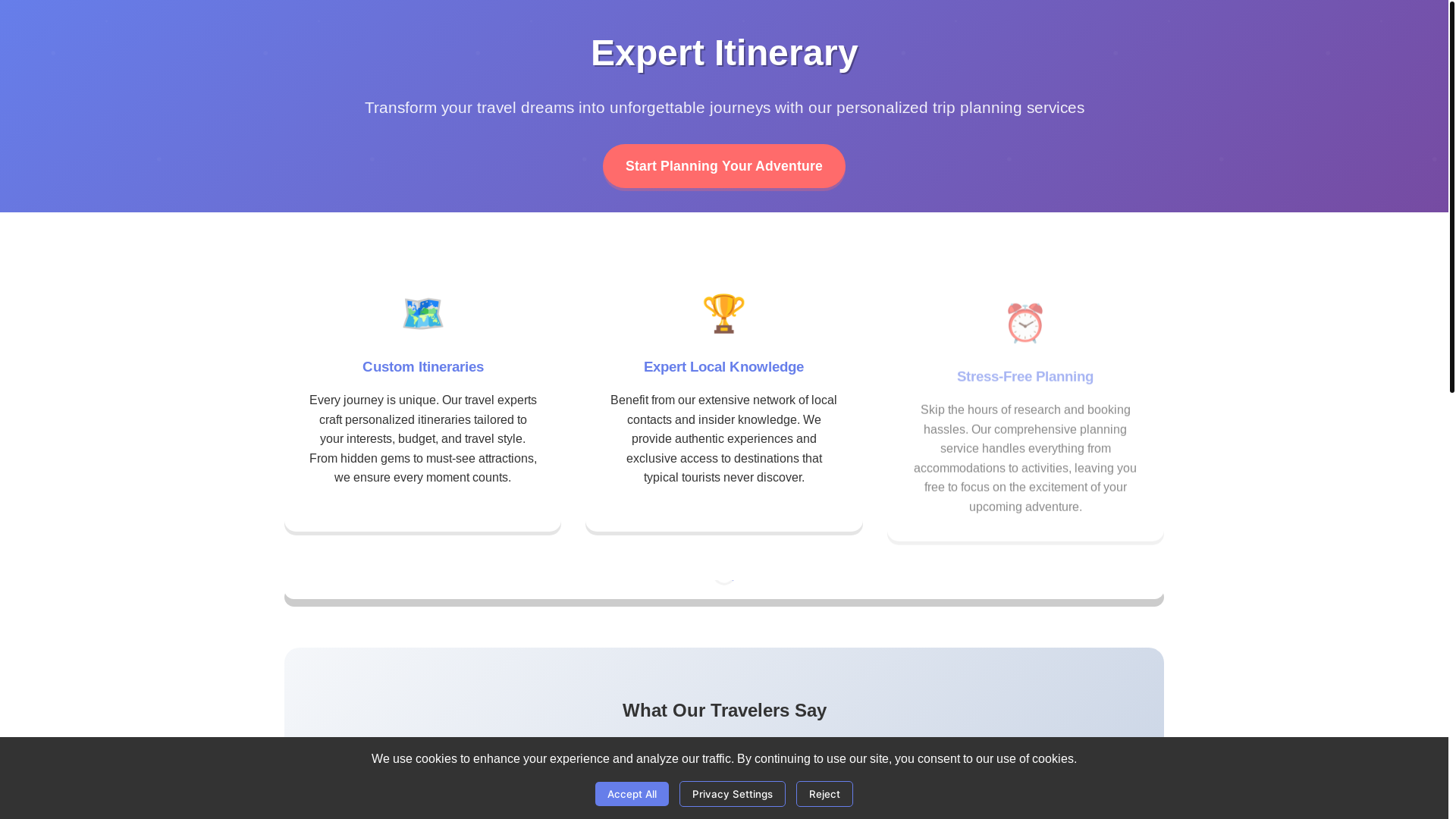 website screenshot of https://expertitinerary.live/