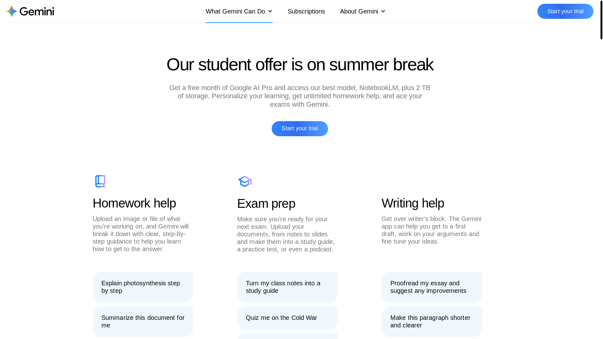 website screenshot of https://gemini.google/students/