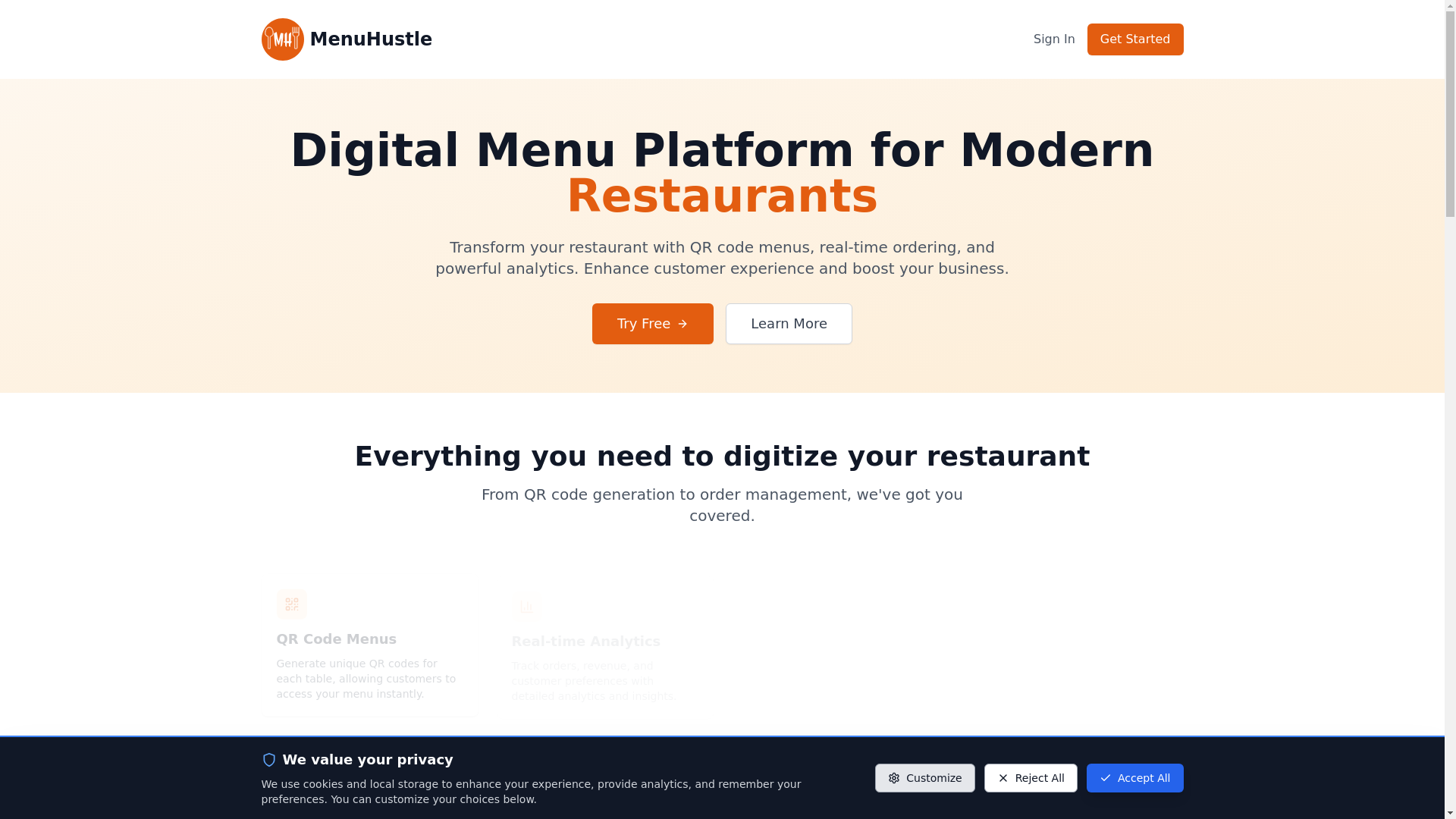 website screenshot of https://www.menuhustle.com