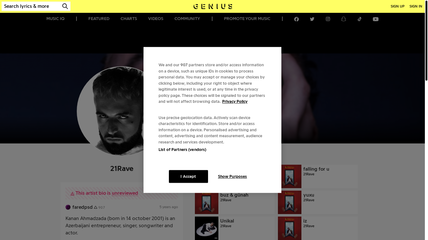 website screenshot of https://genius.com/artists/21rave