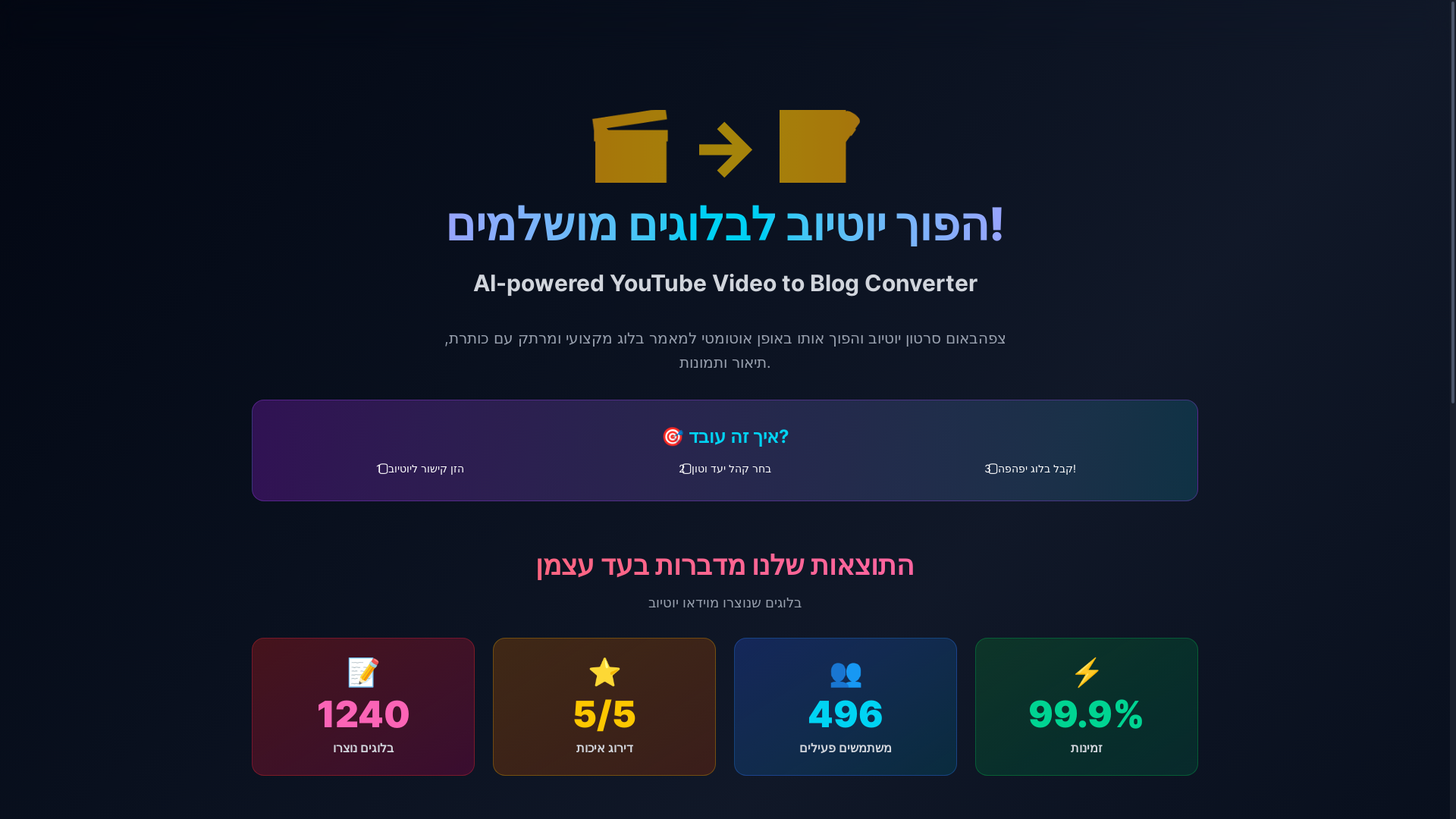website screenshot of https://ai-turn-youtube-videos-into-stunning-blogs.pages.dev/