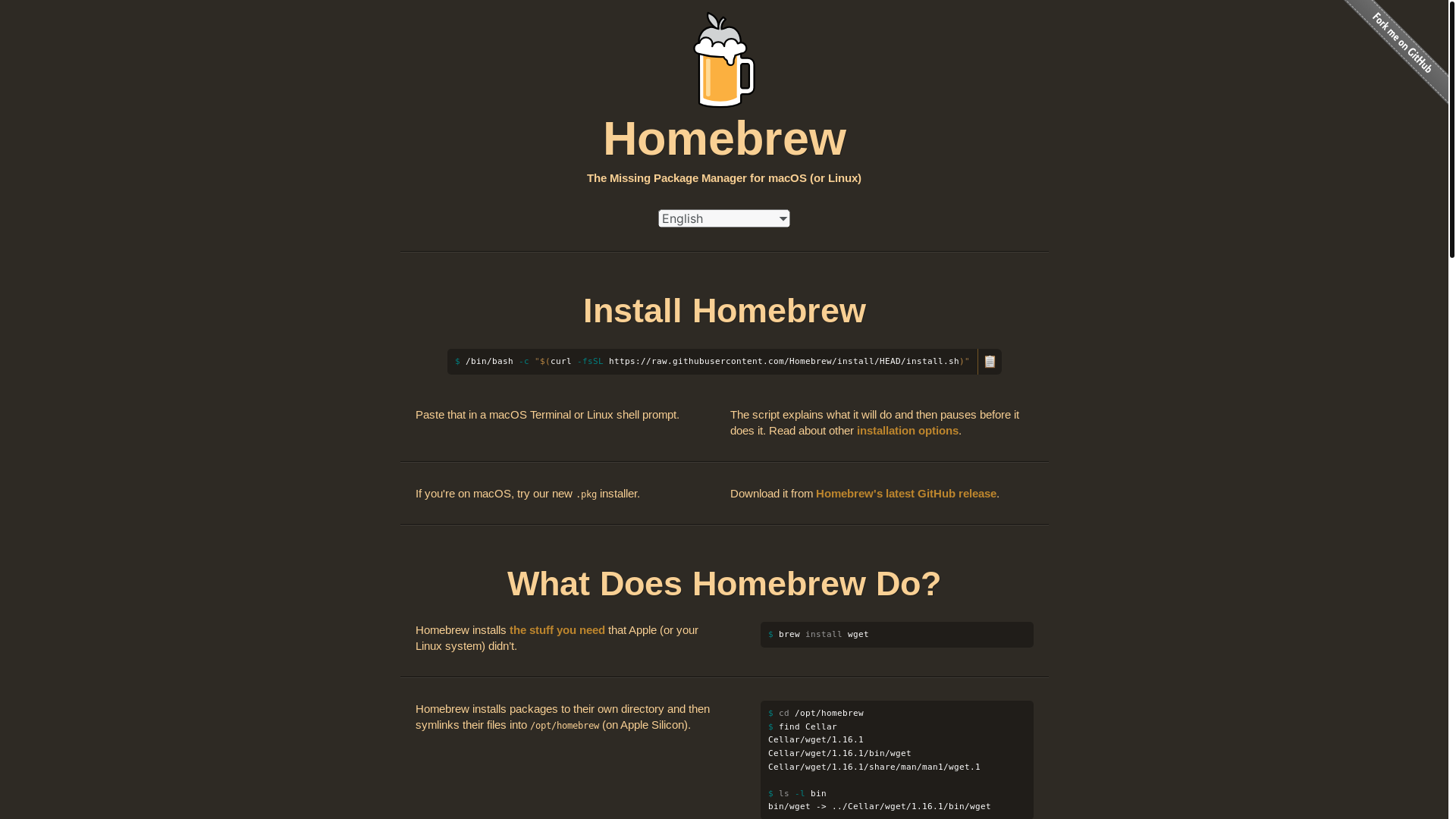 website screenshot of https://brew.sh