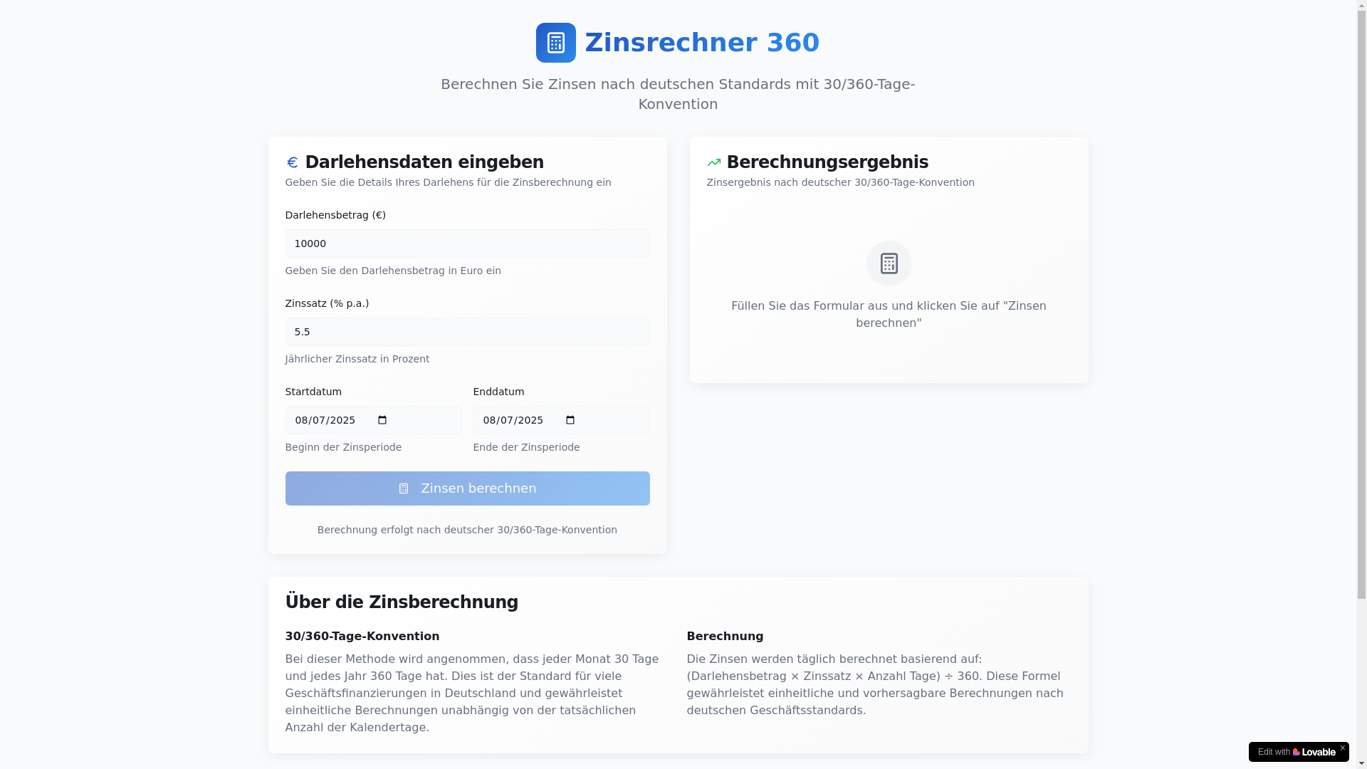 website screenshot of https://zinsrechner360.de/