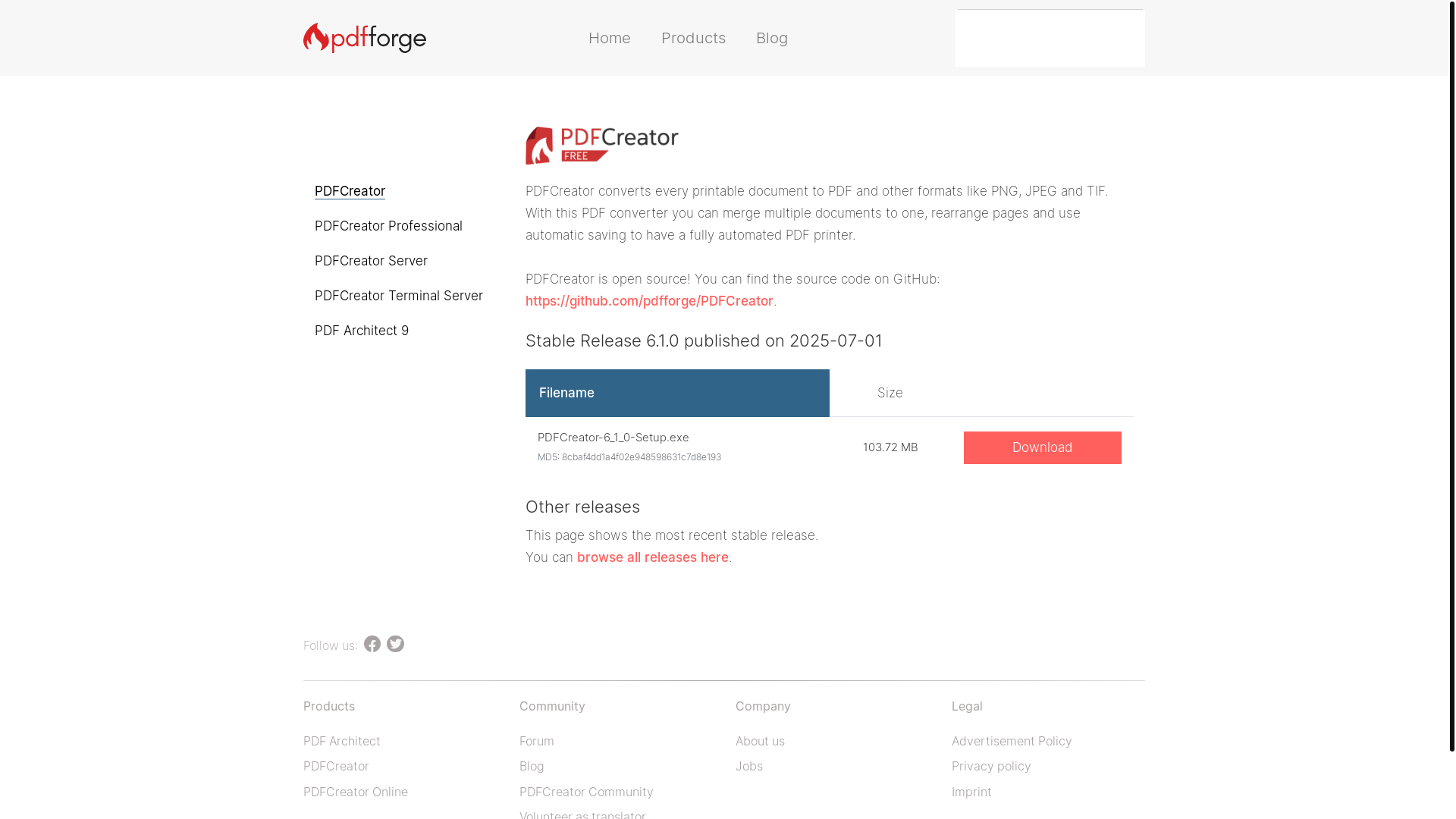 website screenshot of https://download.pdfforge.org/