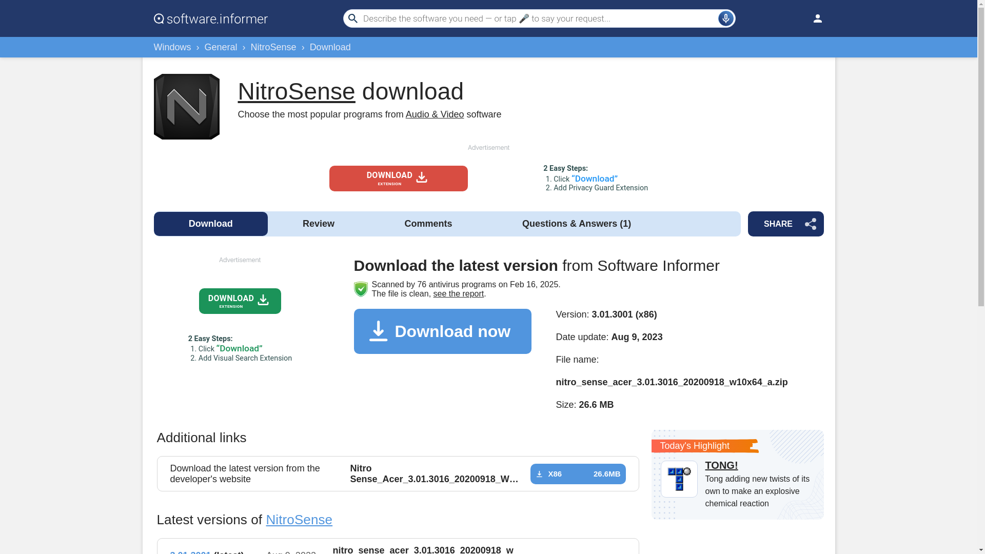 website screenshot of https://nitrosense.software.informer.com/download/