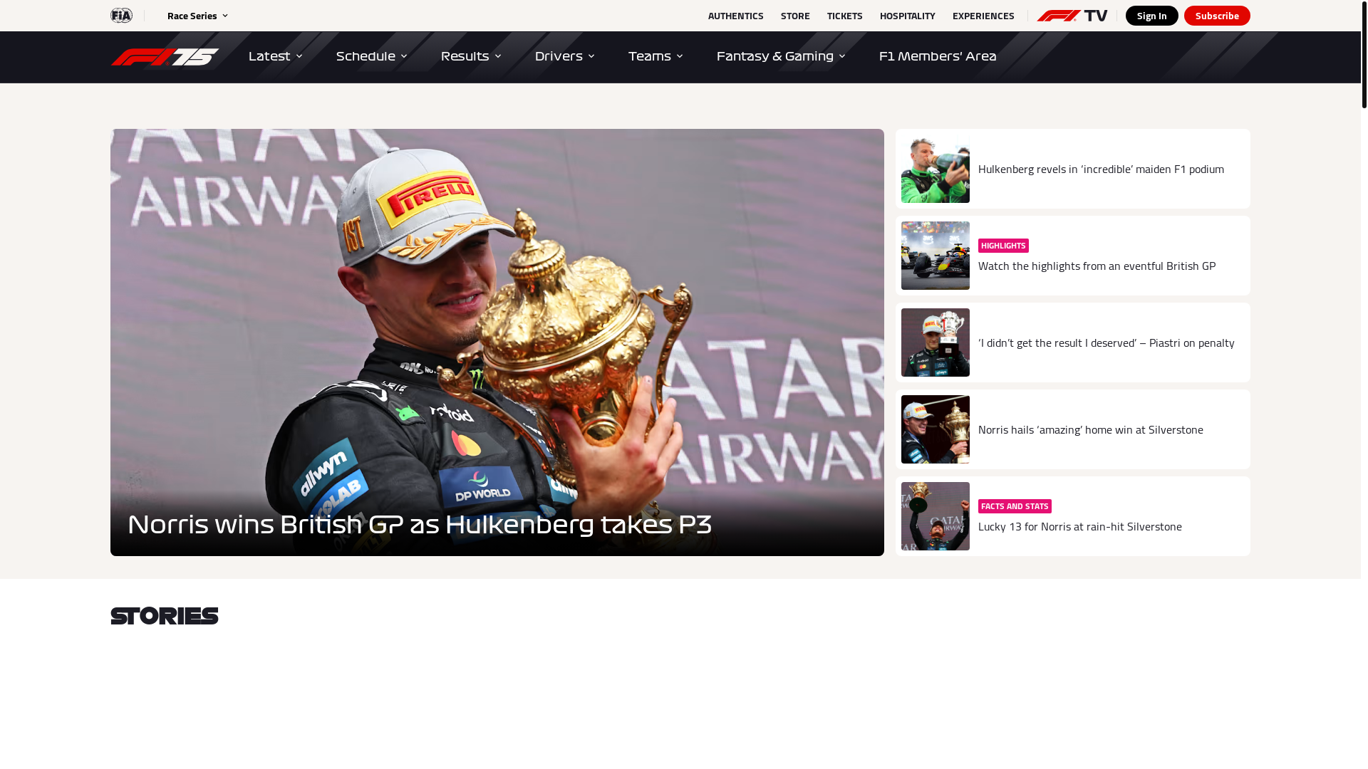 website screenshot of https://www.formula1.com/