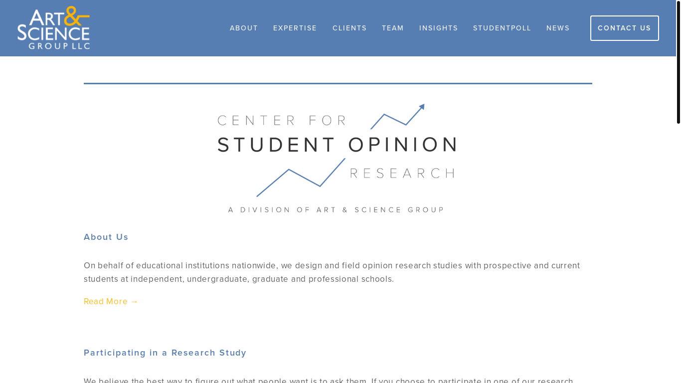 website screenshot of https://www.artsci.com/center-for-student-opinion-research