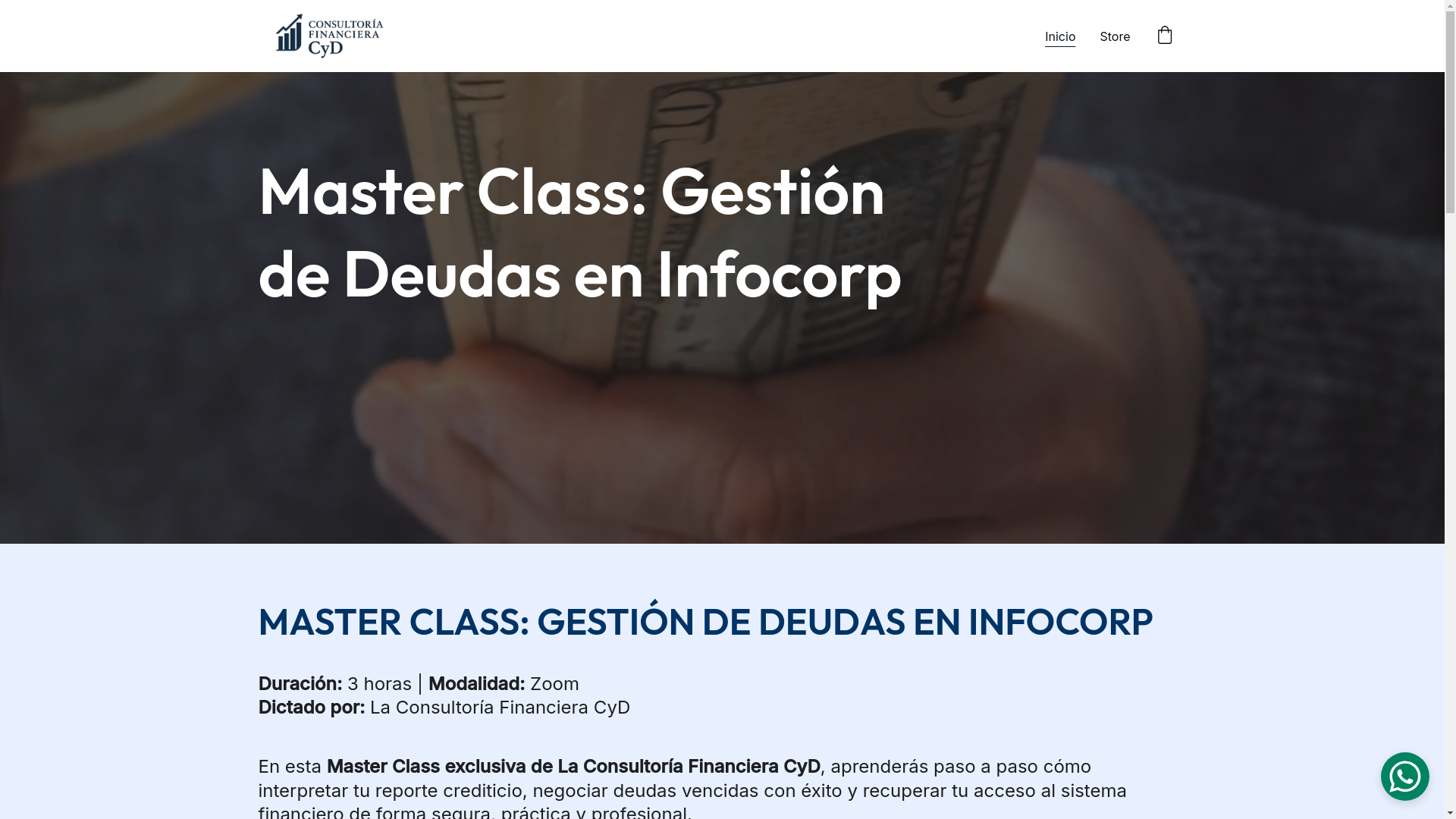 website screenshot of https://masterclassgestiondeudaseninfocorp.com/