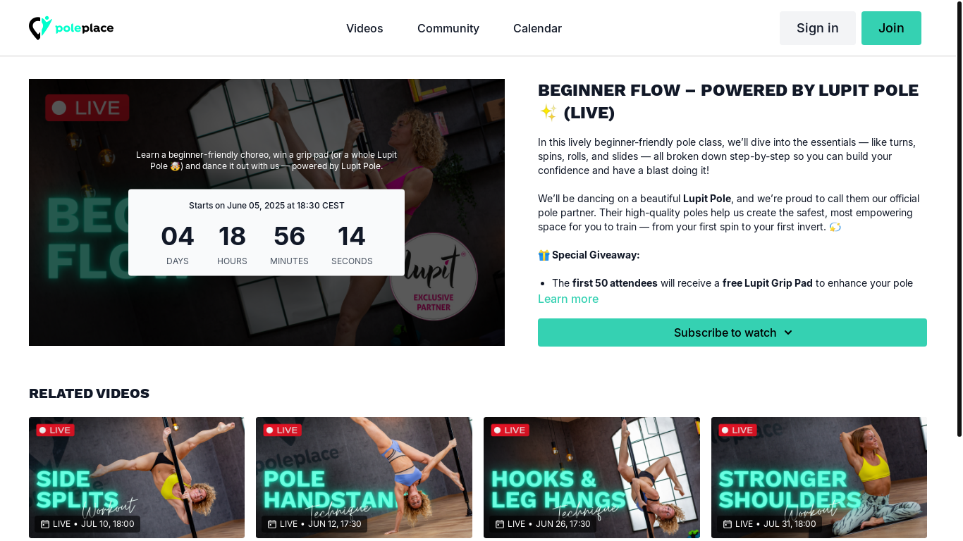 website screenshot of https://watch.poleplace.com/programs/beginner-flow-live-class