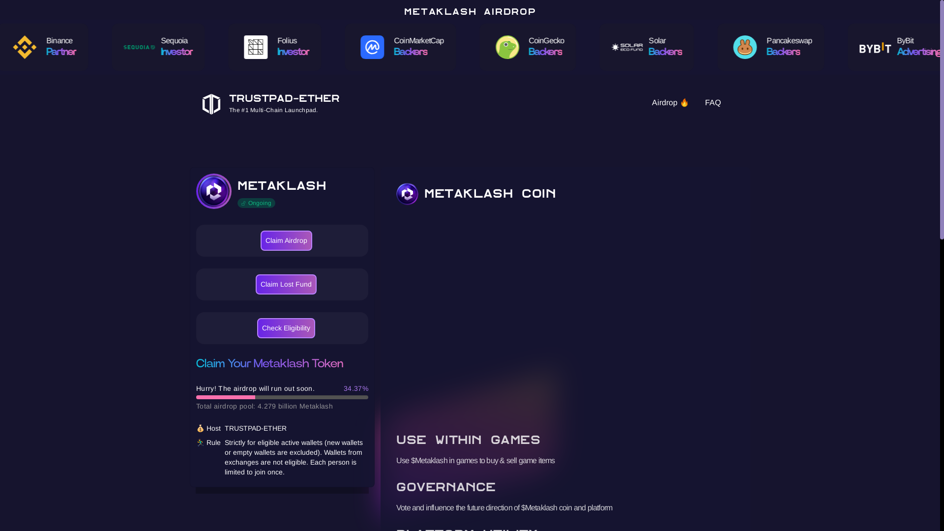website screenshot of https://metaklash.live/