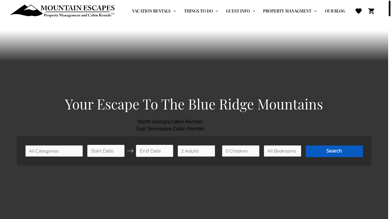 website screenshot of https://www.mountainescapesproperties.com/