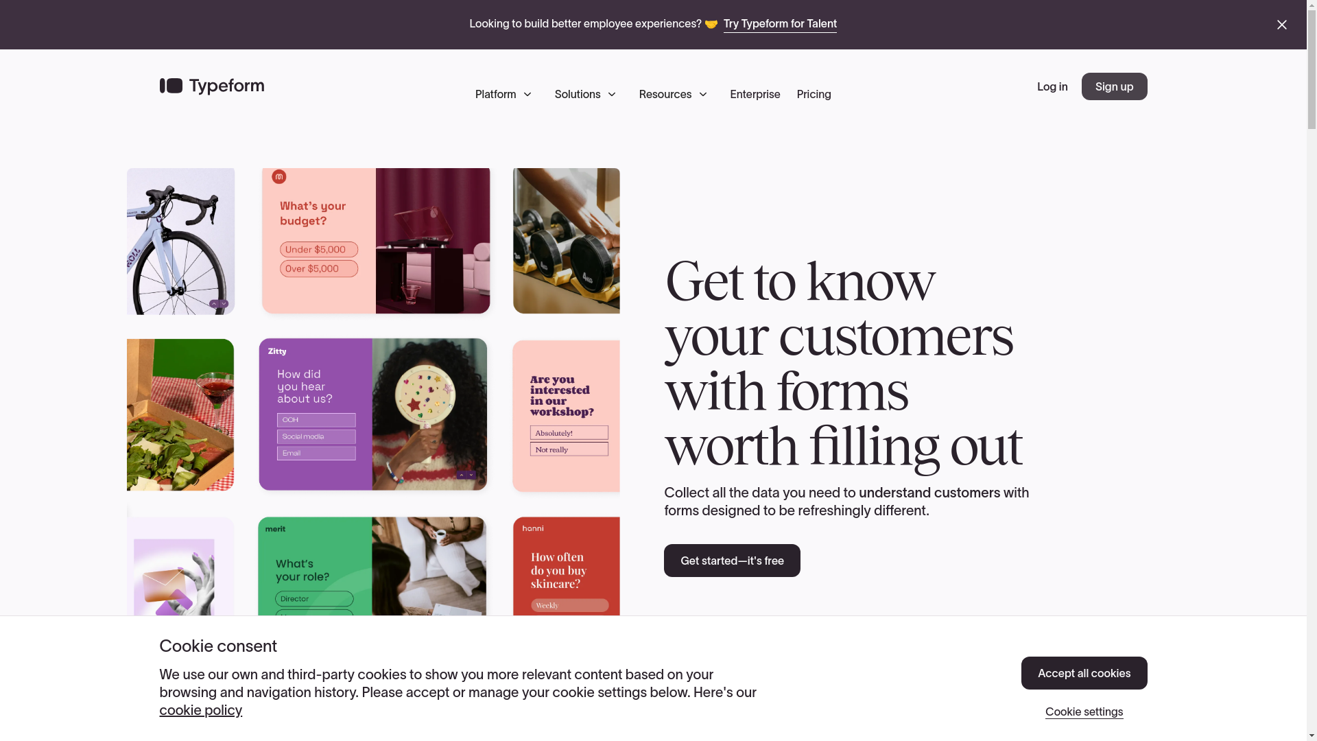website screenshot of https://form.typeform.com/