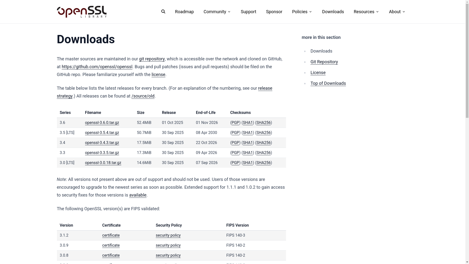website screenshot of https://openssl-library.org/source/