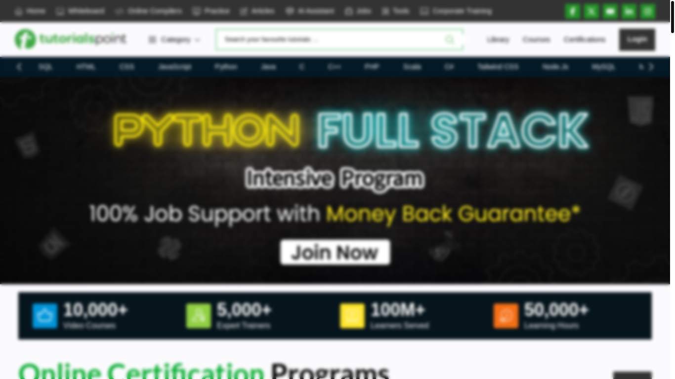 website screenshot of https://www.tutorialspoint.com/