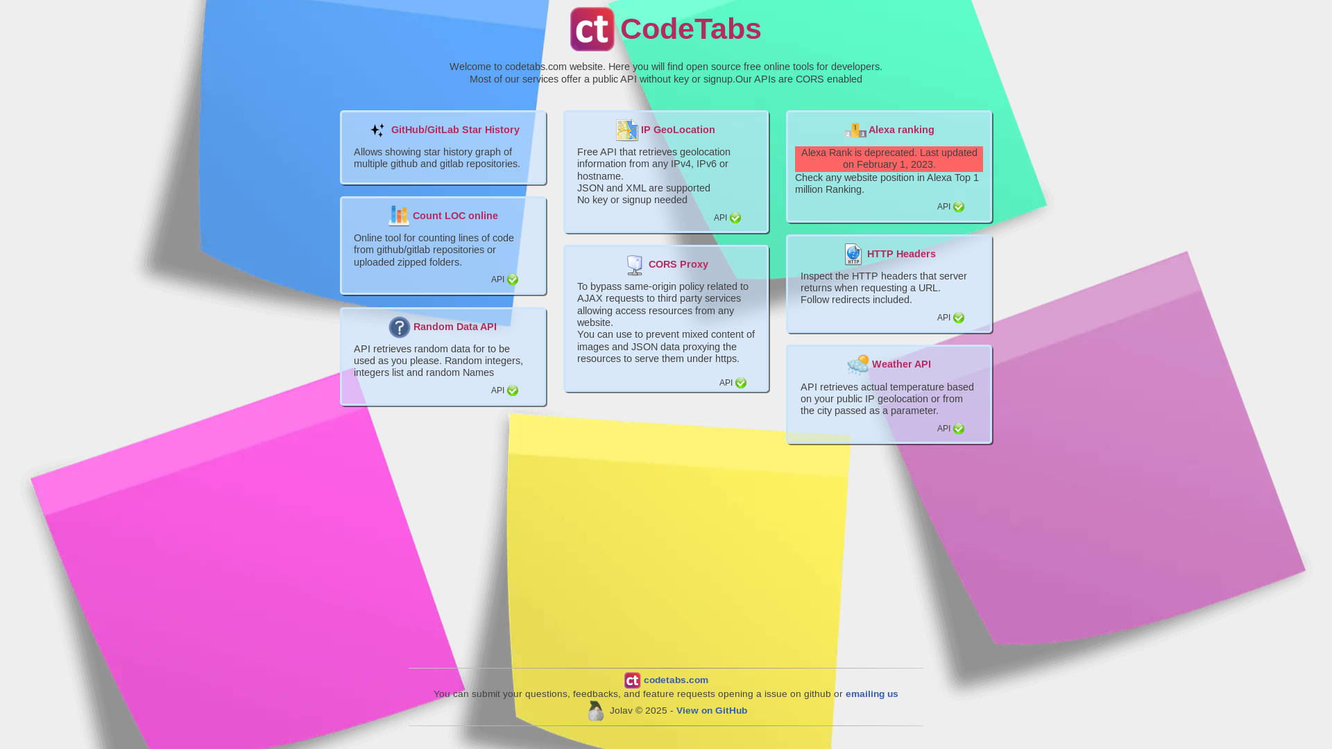 website screenshot of https://api.codetabs.com/