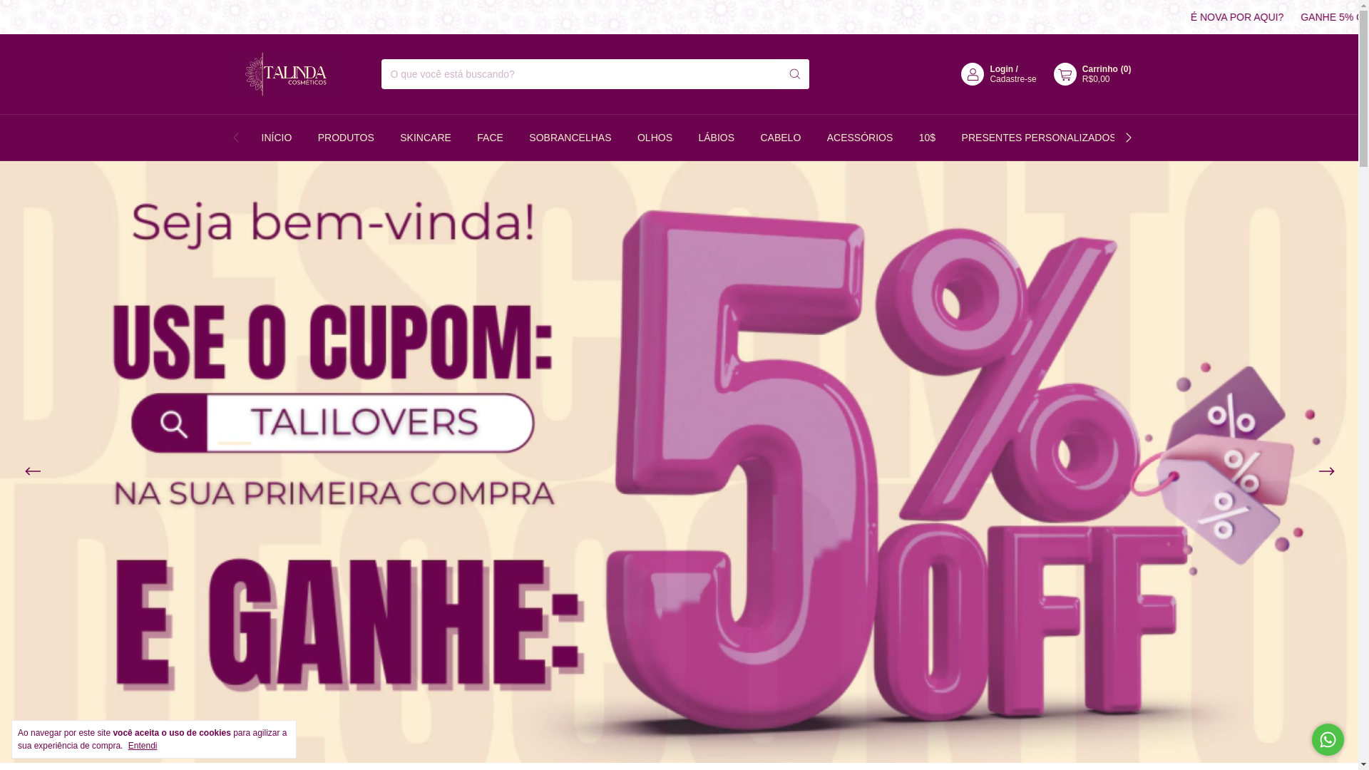 website screenshot of https://talindacosmetico.com.br/