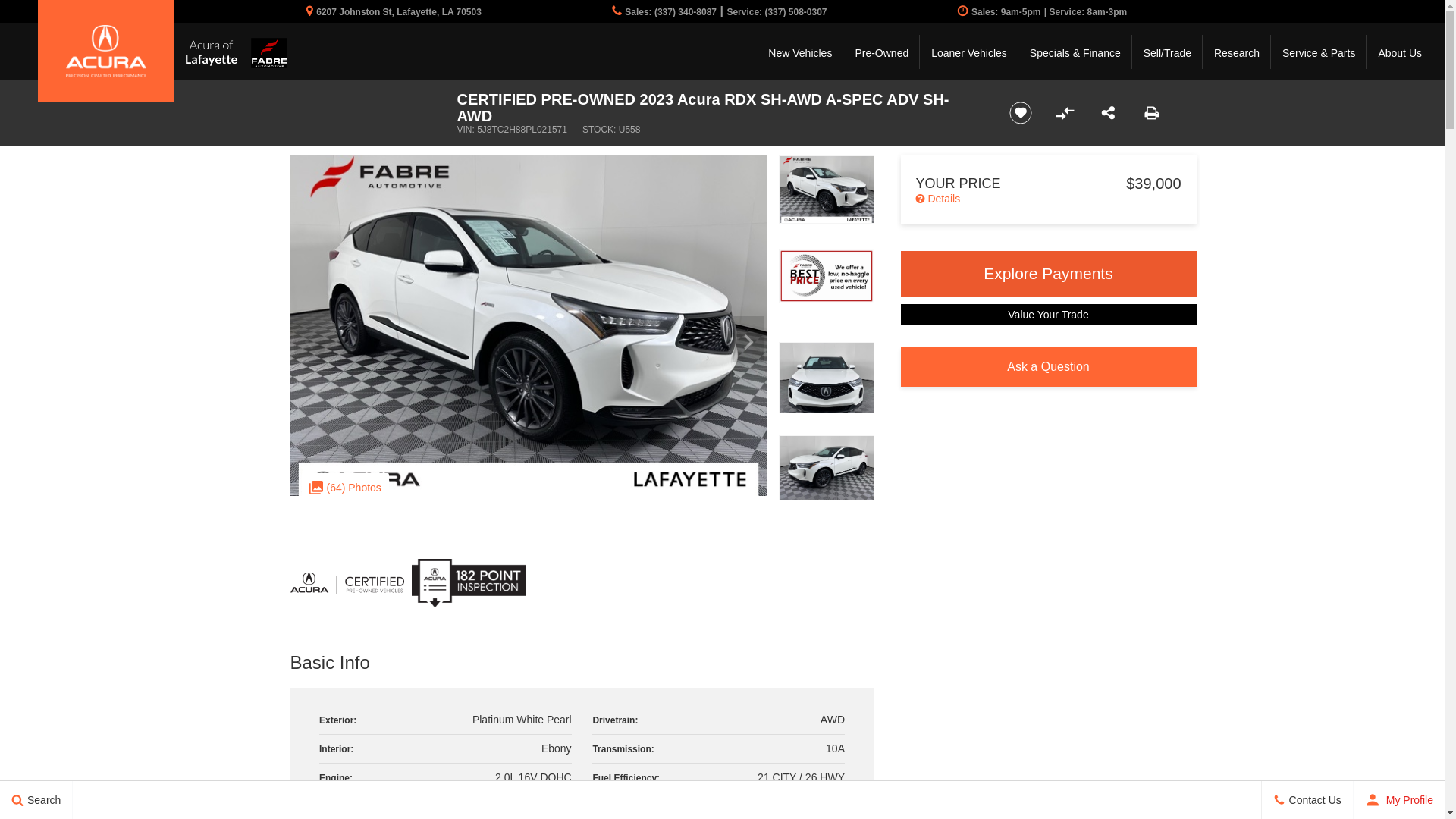 website screenshot of https://www.acuraoflafayette.com/inventory/certified-used-2023-acura-rdx-sh-awd-a-spec-adv-awd-4d-sport-utility-5j8tc2h88pl021571/