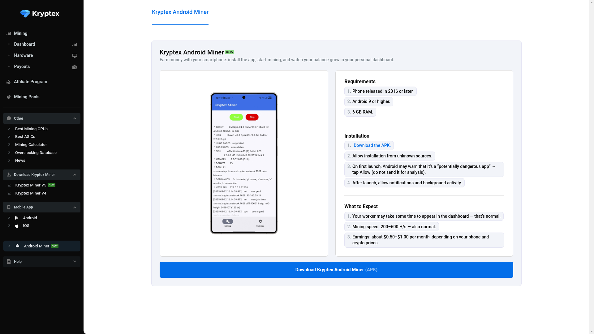 website screenshot of https://www.kryptex.com/site/android-miner/