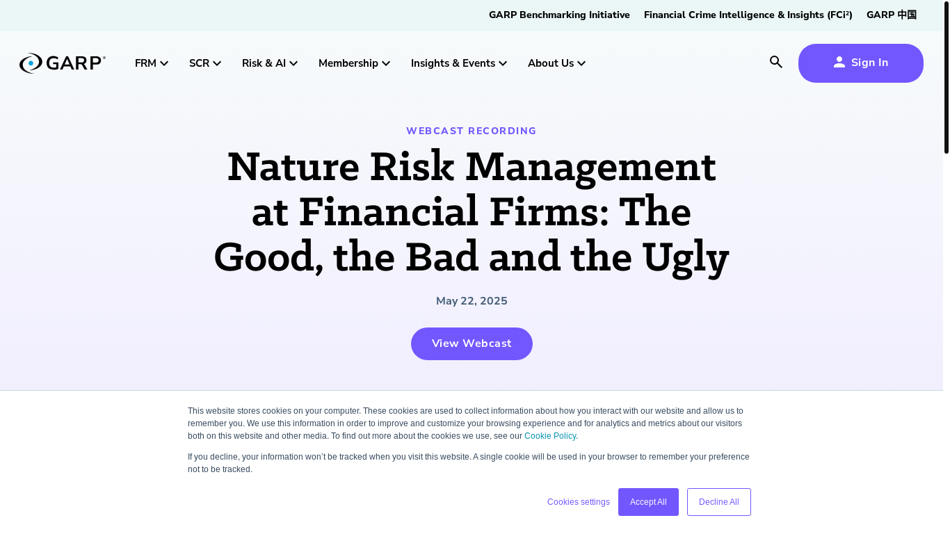 website screenshot of https://www.garp.org/webcast/nature-risk-firms-220525