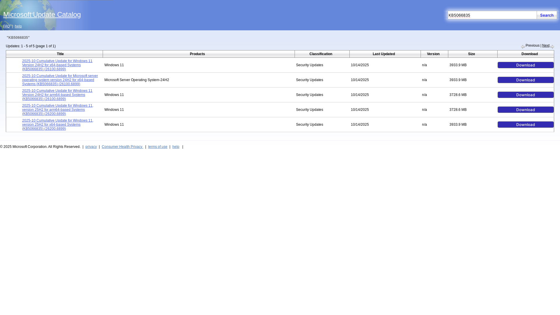website screenshot of https://www.catalog.update.microsoft.com/Search.aspx?q=KB5066835