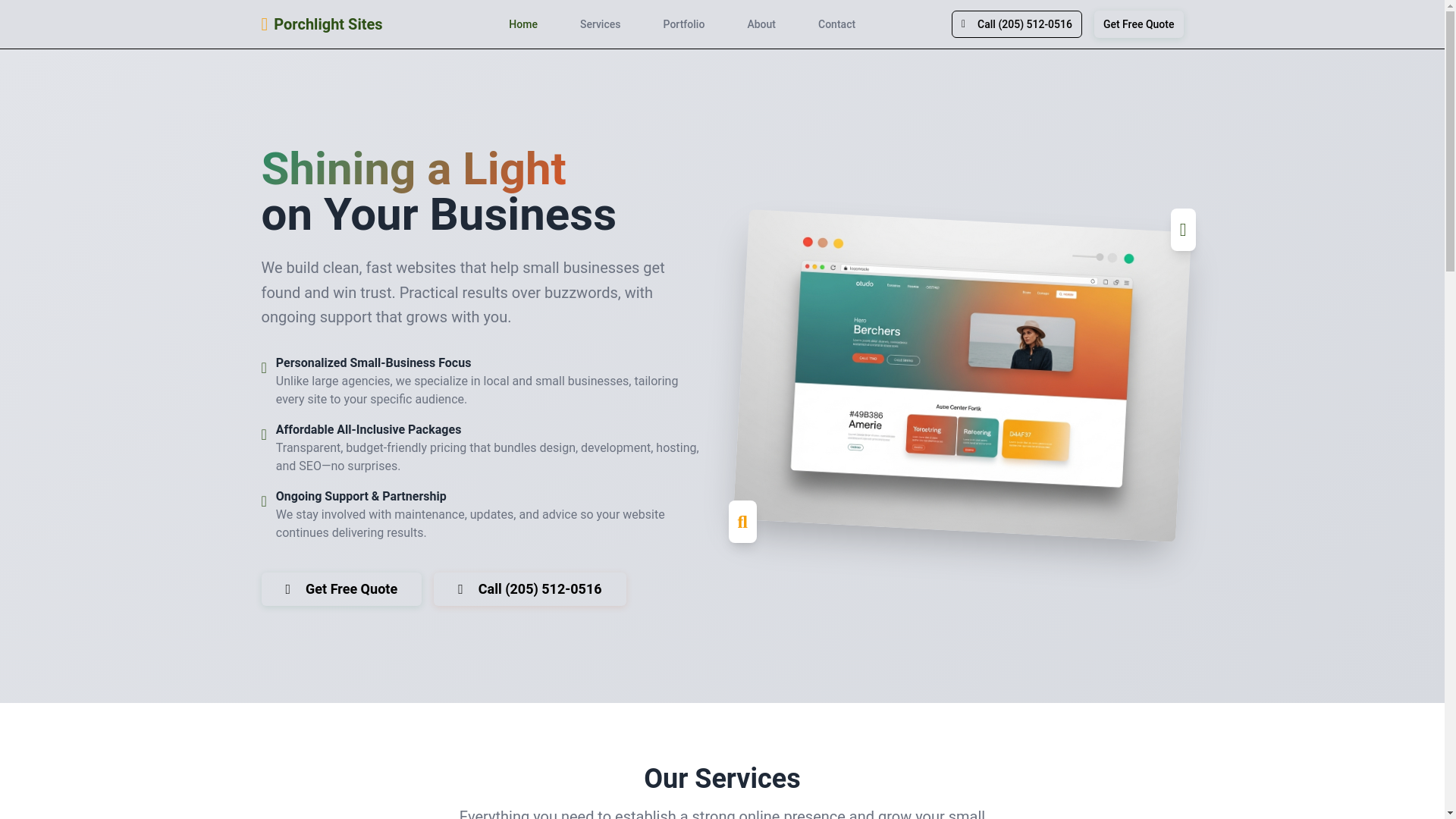 website screenshot of https://porchlightsites.com/