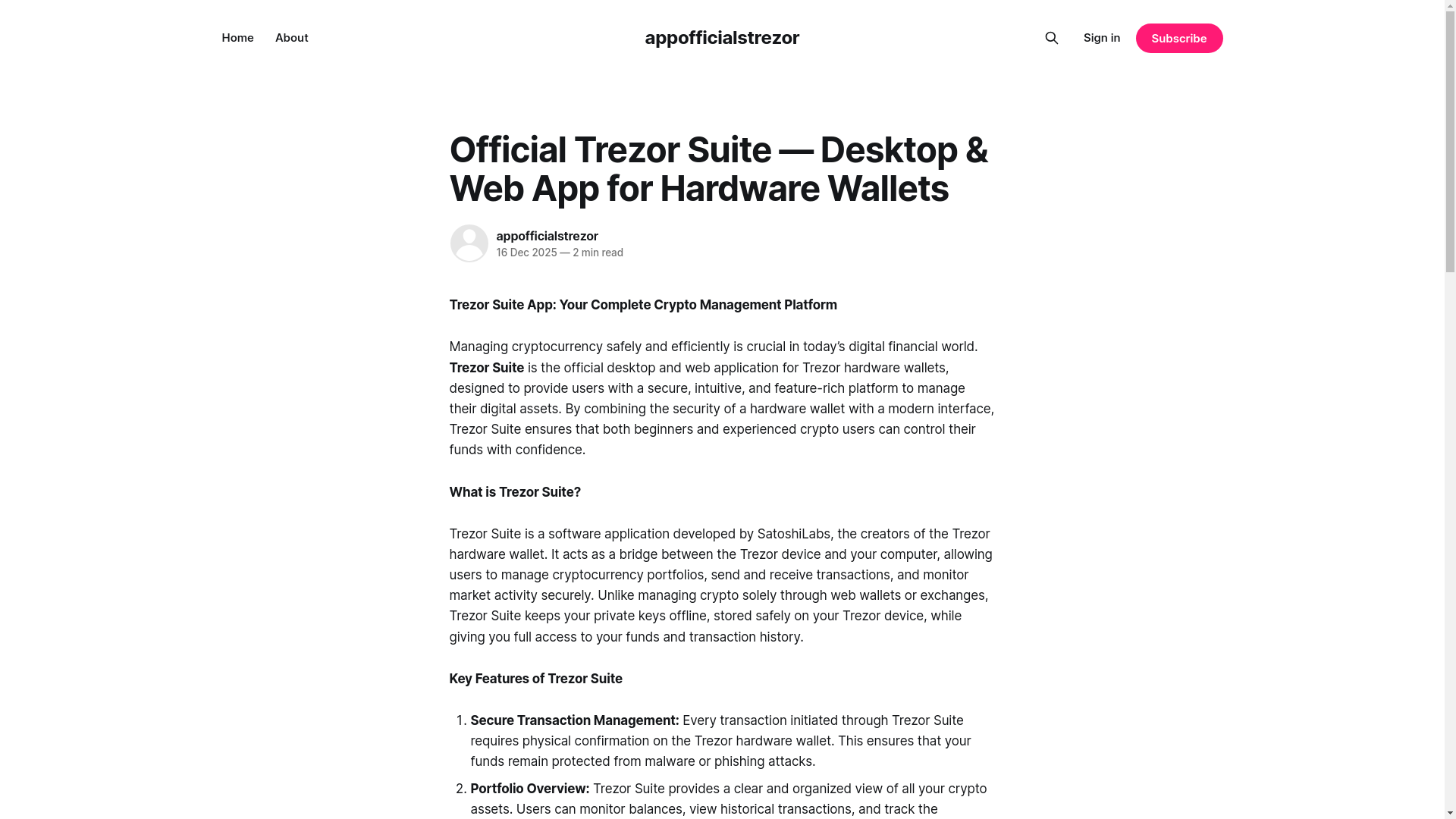 website screenshot of https://appofficialstrezor.ghost.io/suite/