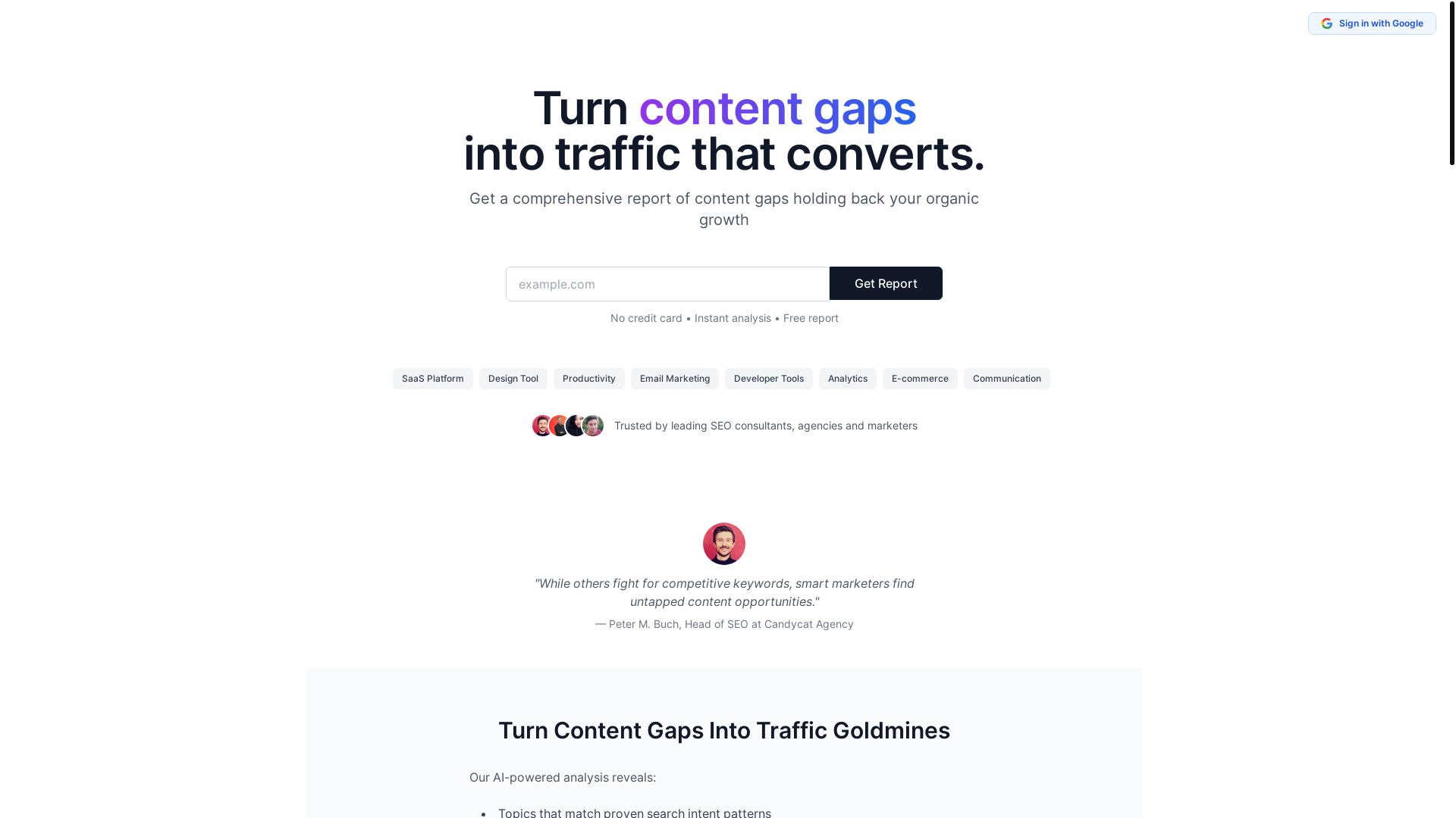 website screenshot of https://contentgapreport.com/