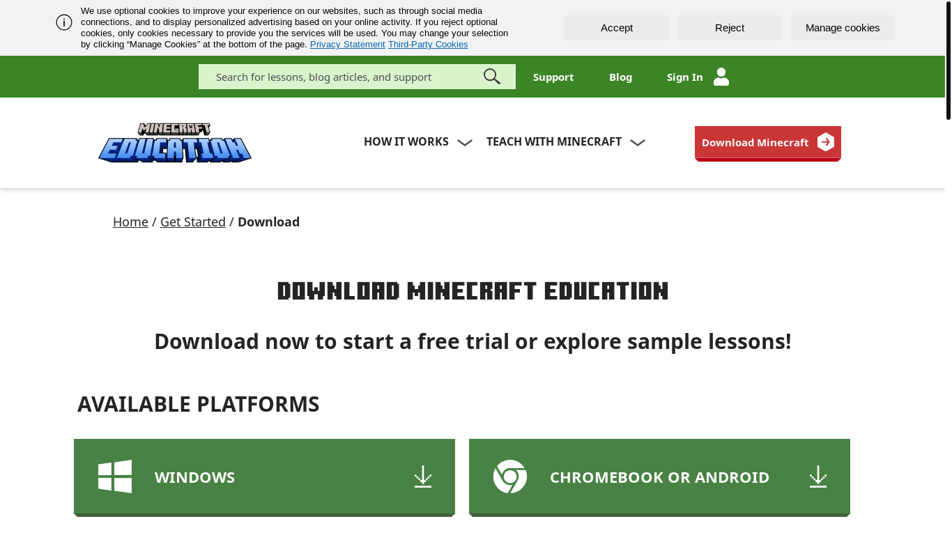 website screenshot of https://education.minecraft.net/en-us/get-started/download