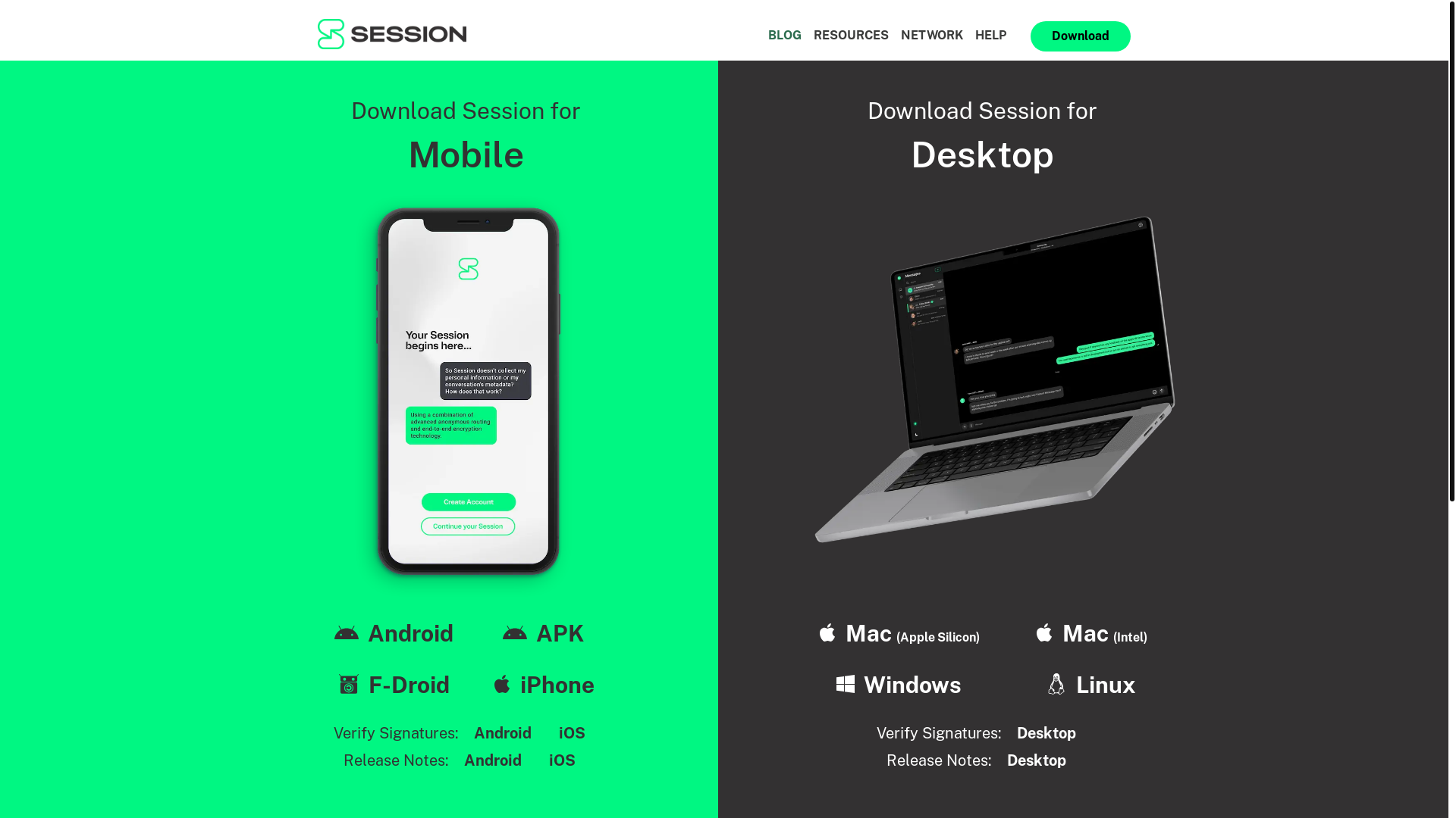 website screenshot of https://getsession.org/download