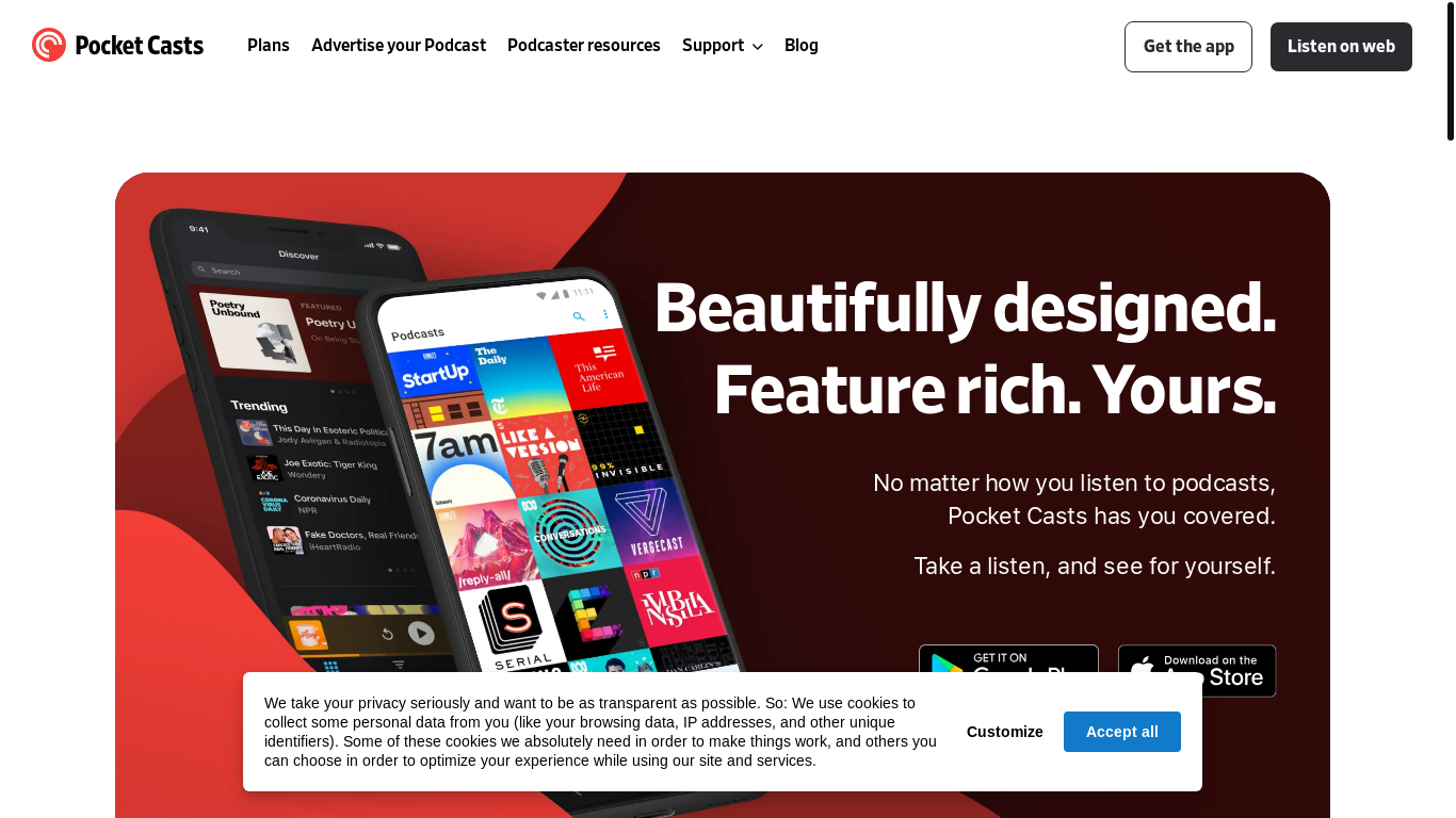 website screenshot of https://pocketcasts.com
