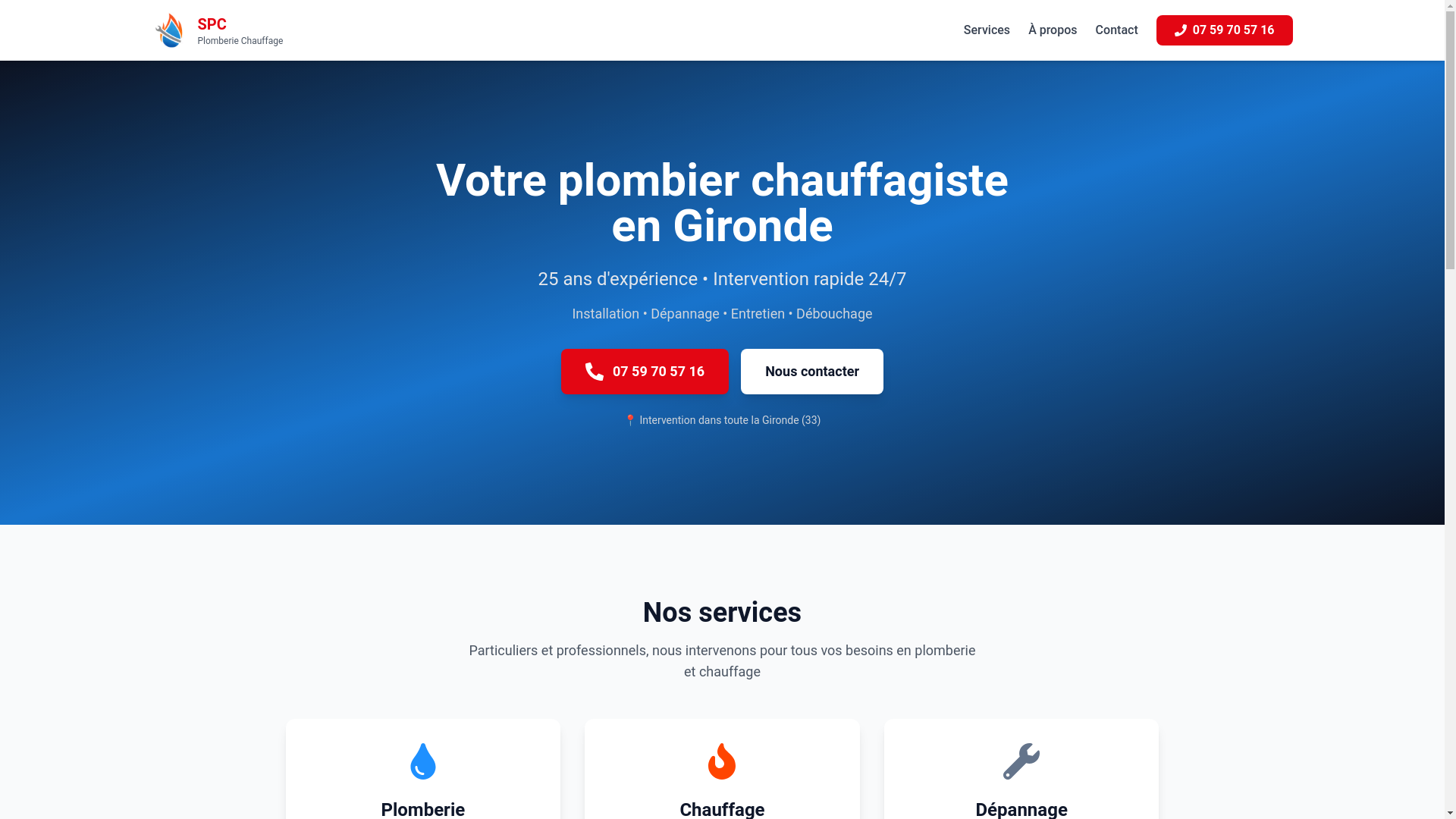 website screenshot of https://spcplomberie33.fr/