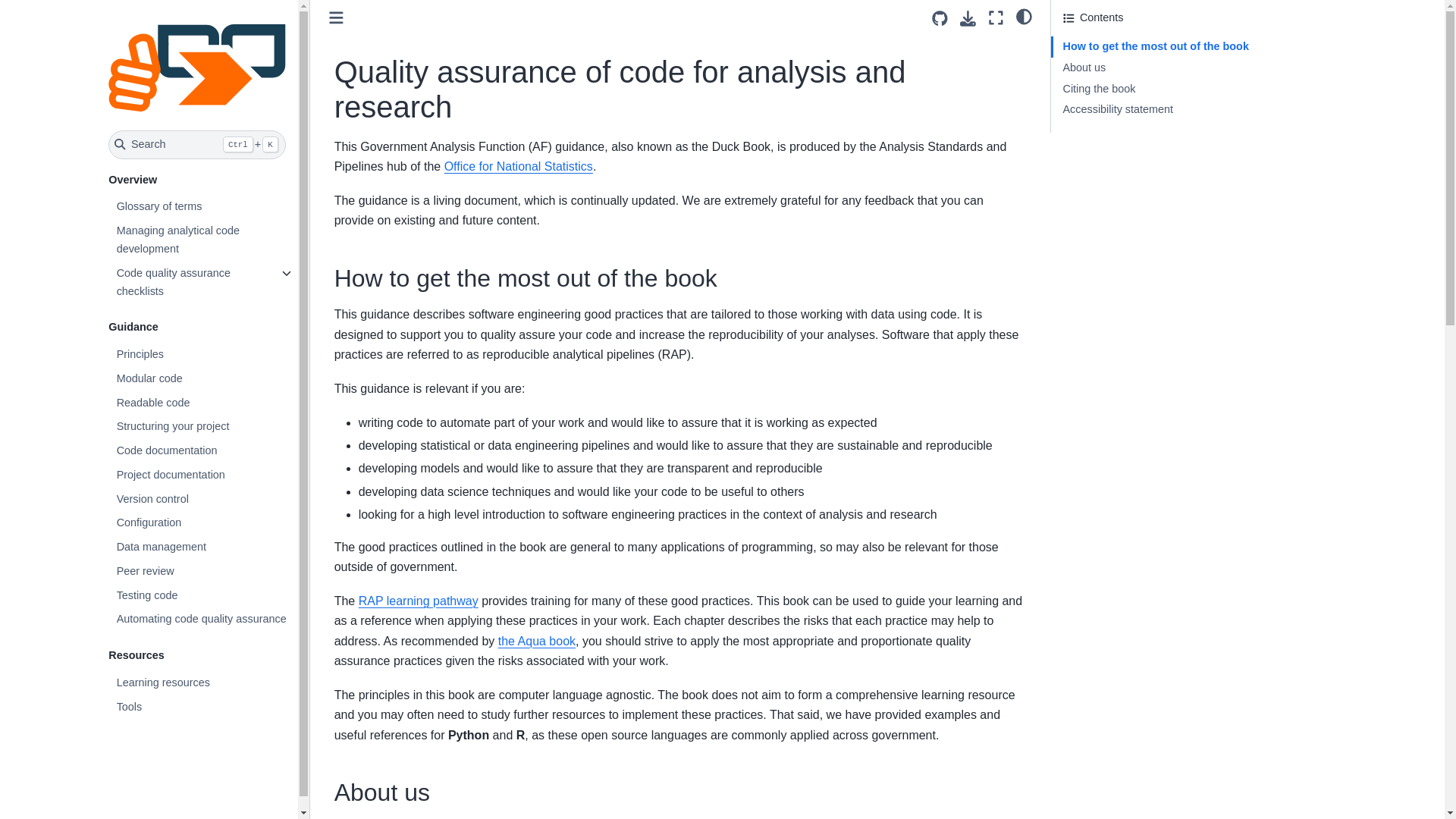website screenshot of https://best-practice-and-impact.github.io/qa-of-code-guidance/intro.html