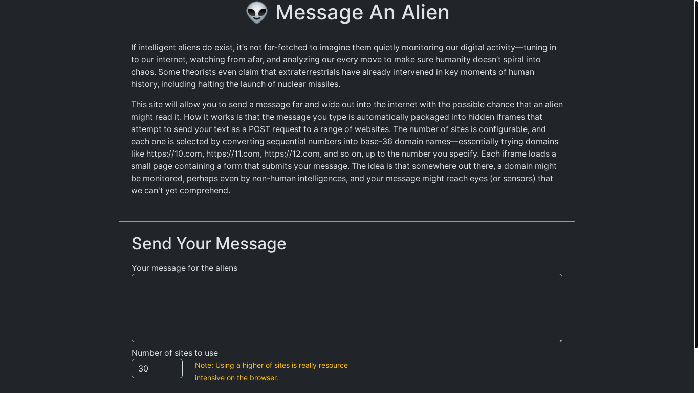 website screenshot of https://messageanalien.xyz/