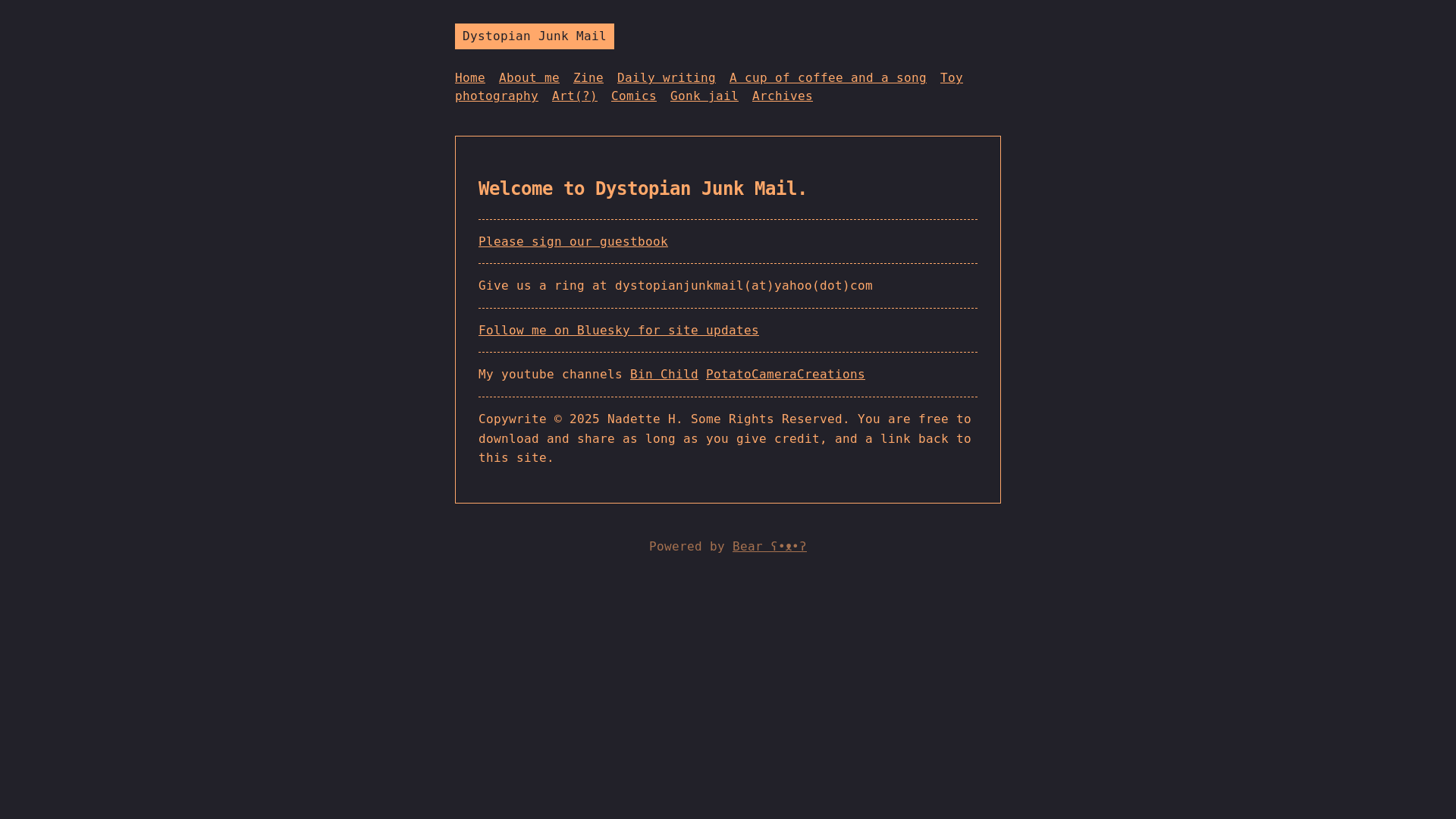 website screenshot of https://dystopianjunkmail.ca/