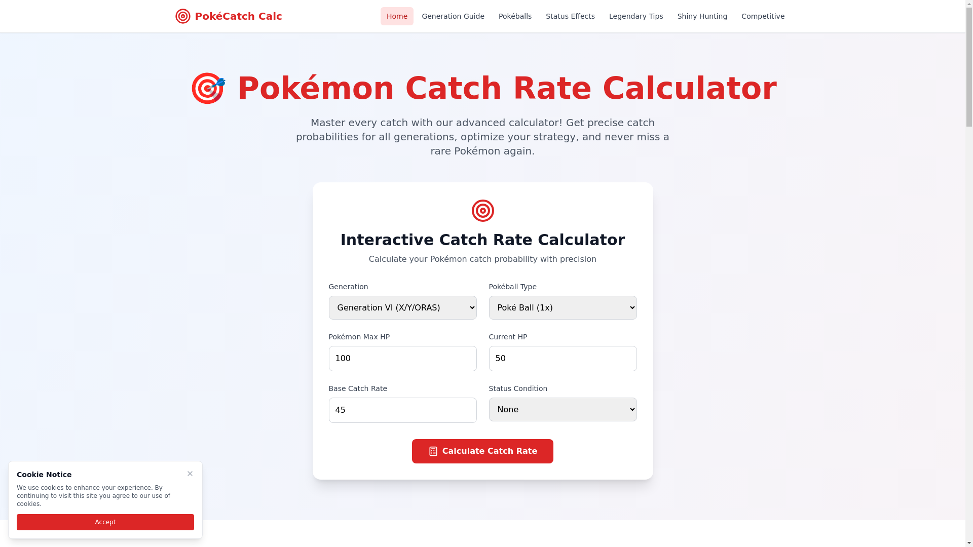 website screenshot of https://pokemoncatchratecalculator.pages.dev/