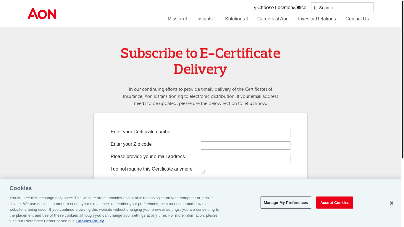 website screenshot of https://www.aon.com/e-cert/index.aspx