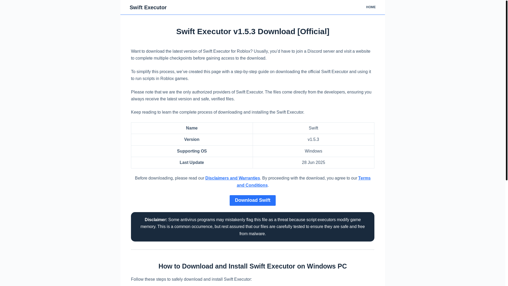 website screenshot of https://swiftexecutors.com/download/