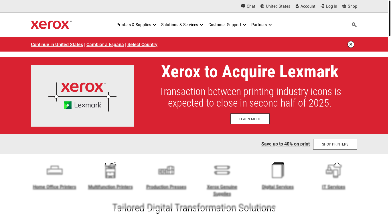 website screenshot of http://www.xerox.com/