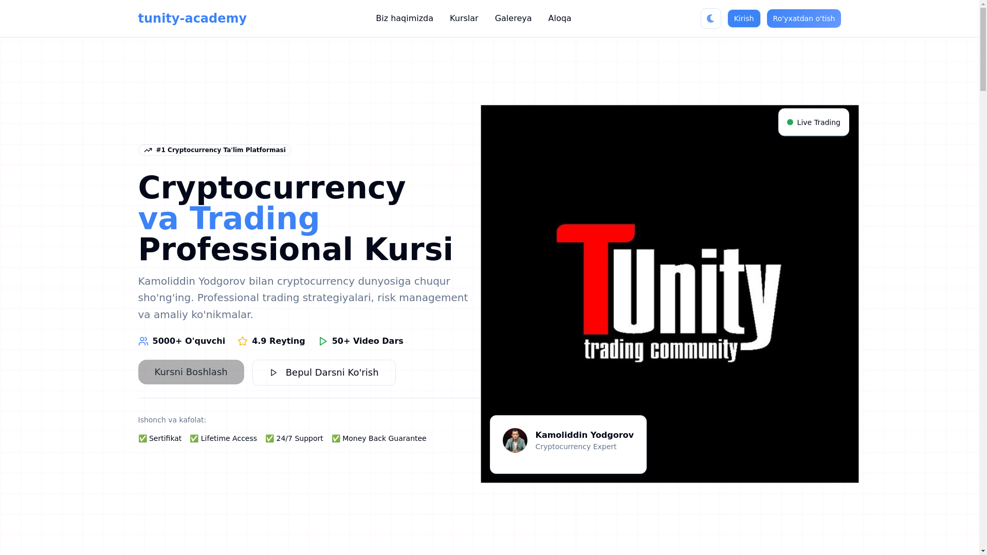 website screenshot of https://tunity-academy.uz/