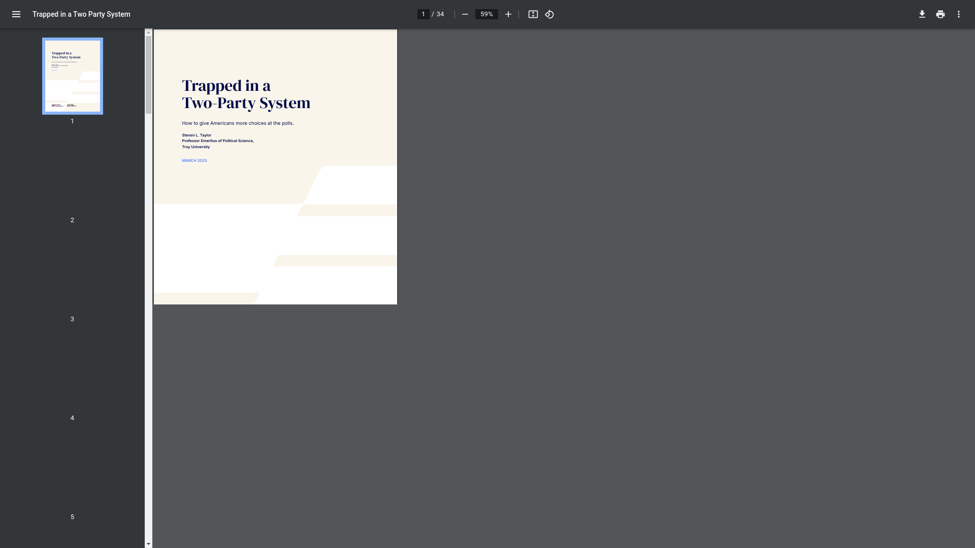 website screenshot of https://protectdemocracy.org/wp-content/uploads/2025/03/Trapped-in-a-Two-Party-System-1.pdf