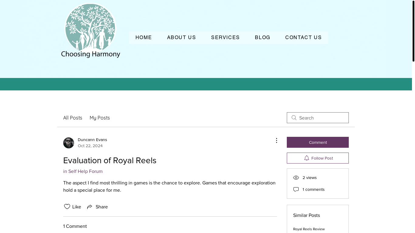website screenshot of https://www.choosingharmony.com.au/forum/self-help-forum/evaluation-of-royal-reels