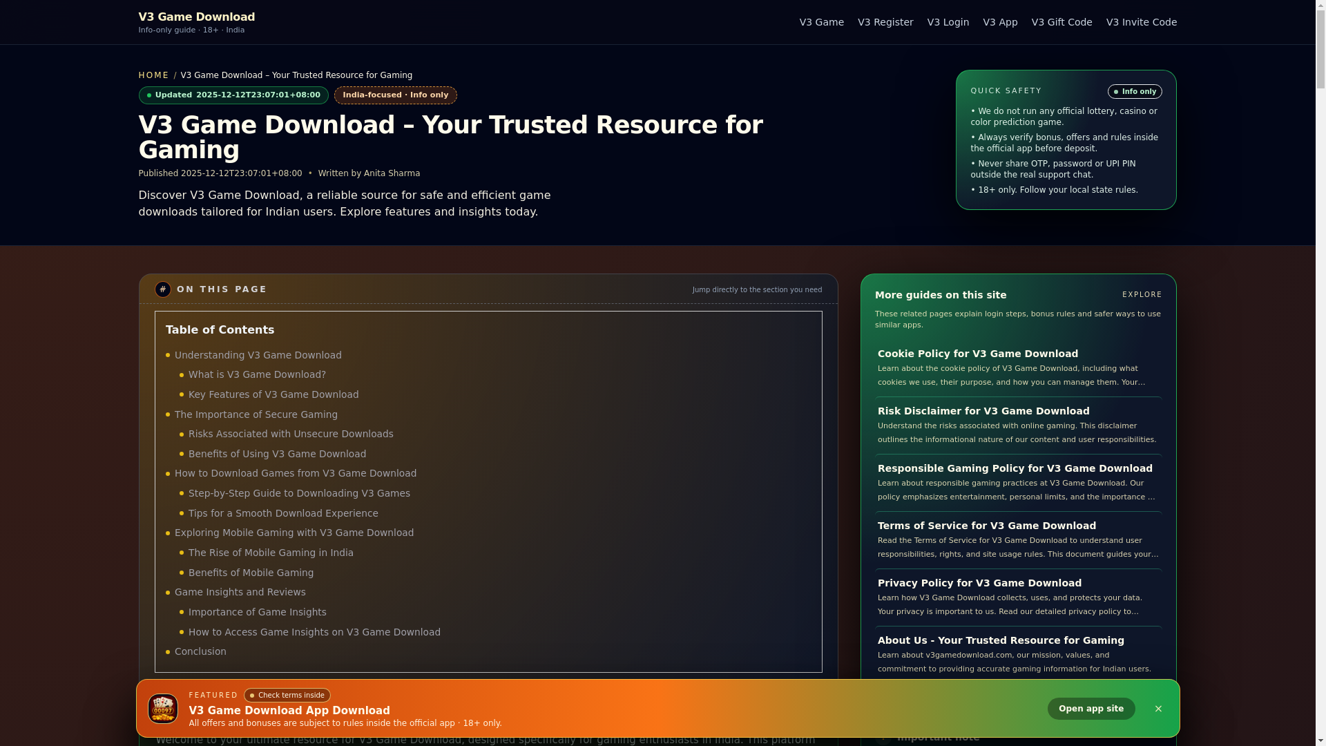 website screenshot of https://v3gamedownload.com/
