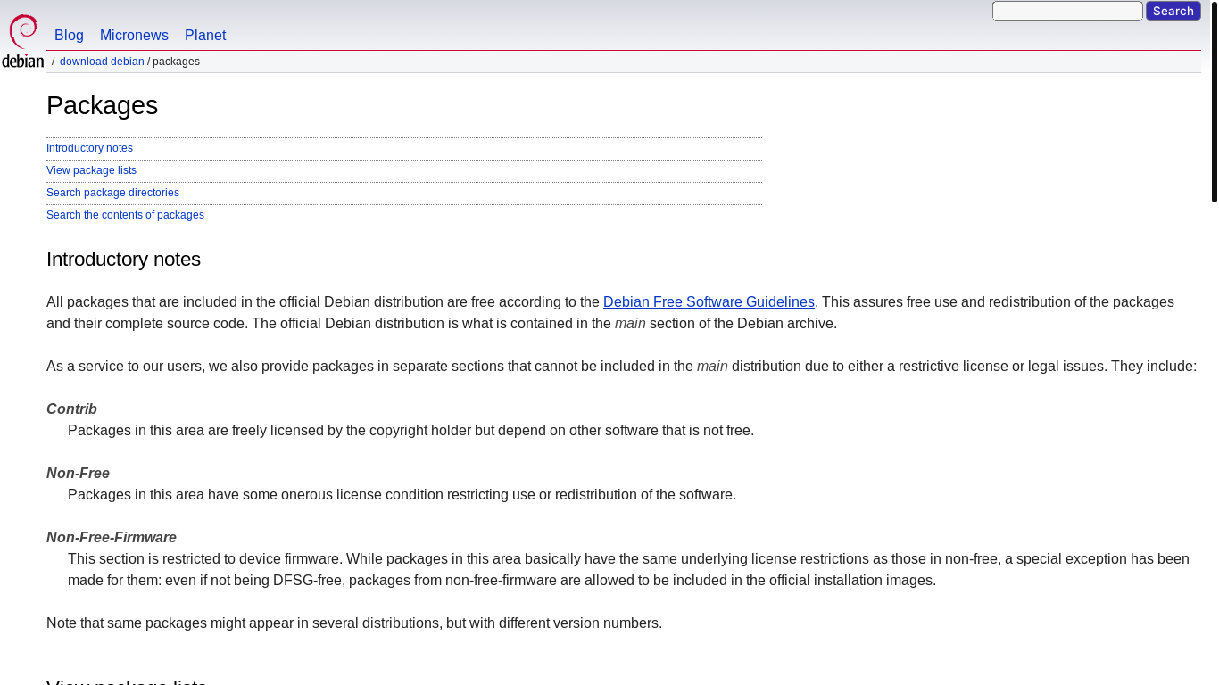 website screenshot of https://debianpackages.org/