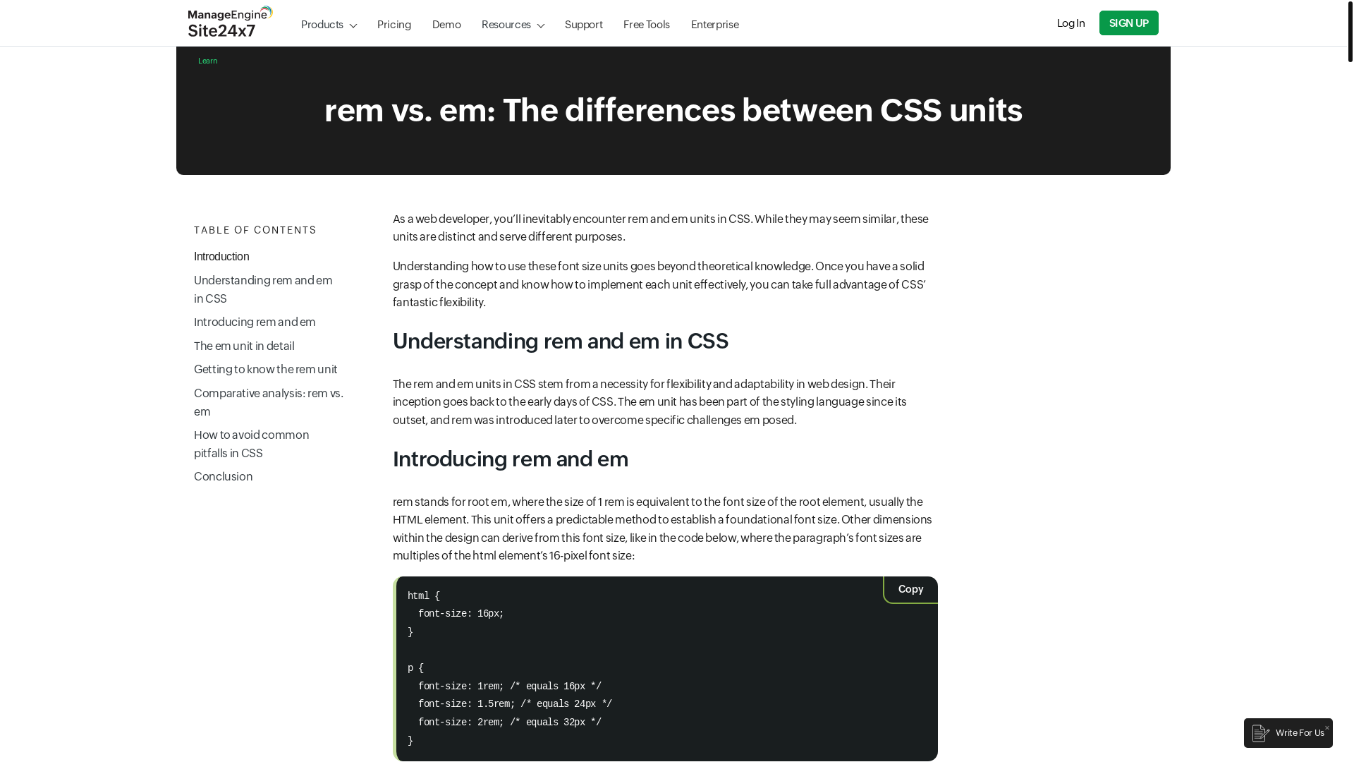 website screenshot of https://www.site24x7.com/learn/rem-vs-em.html