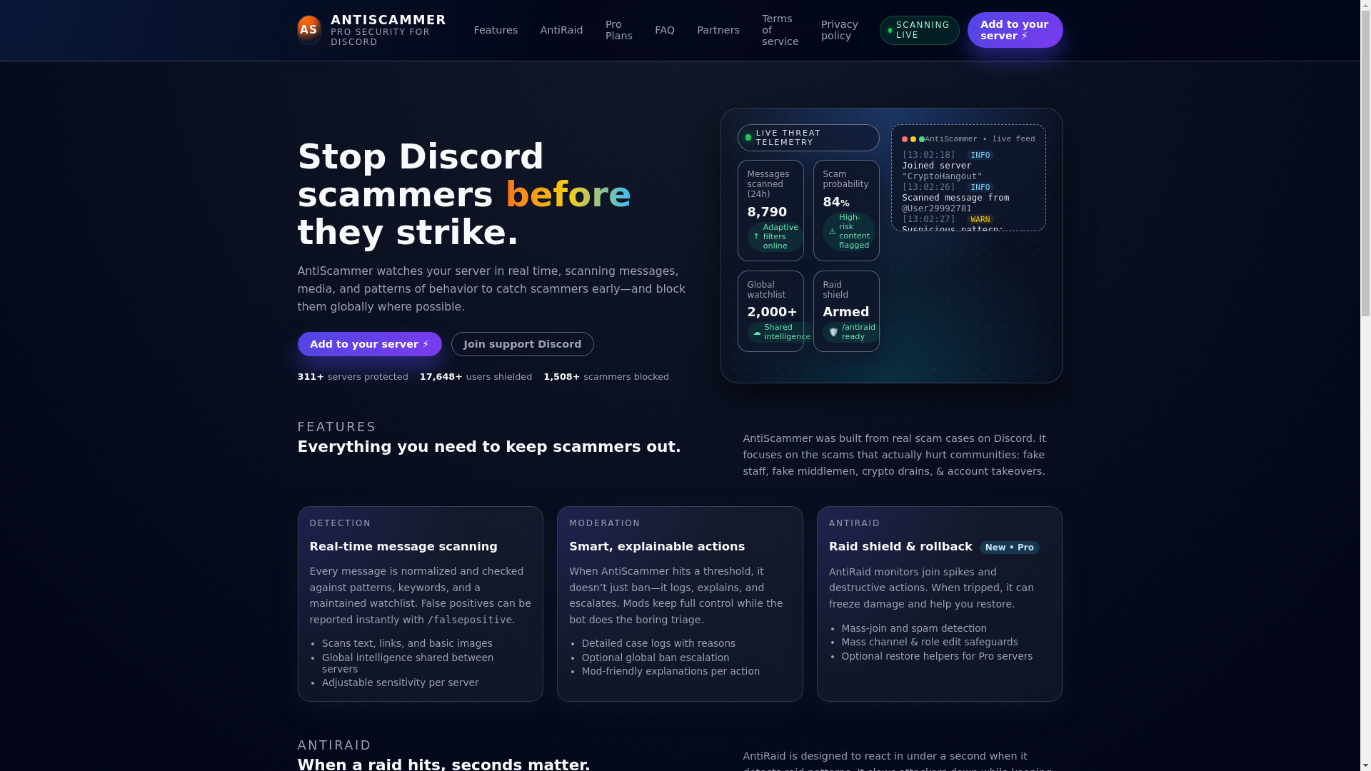 website screenshot of https://www.antiscammer.app/