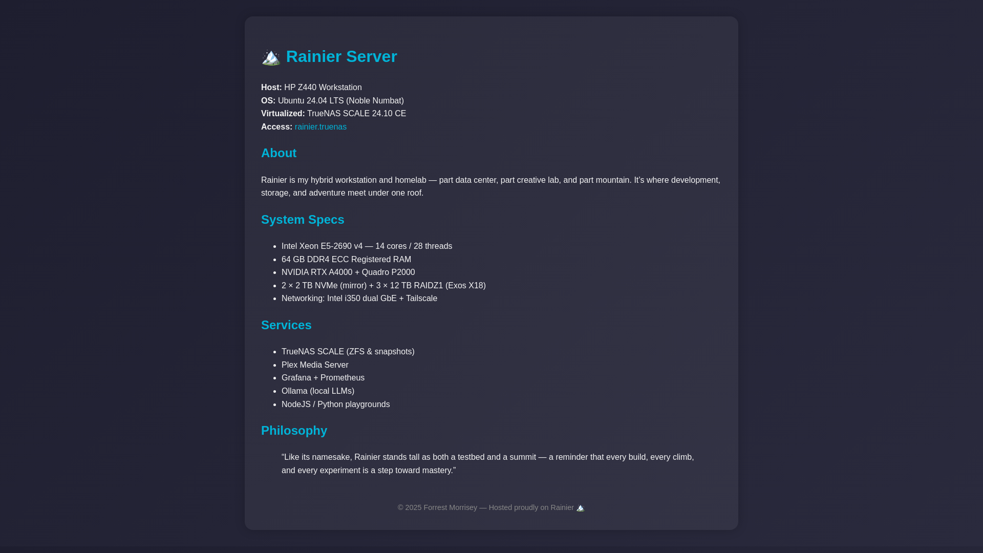 website screenshot of https://rainierserver.com/