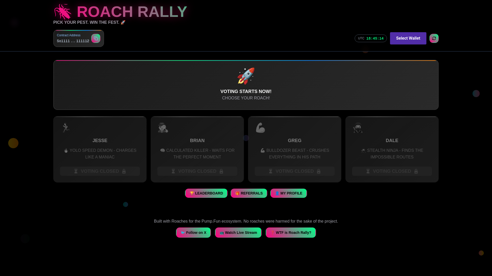 website screenshot of https://roachrally.fun/