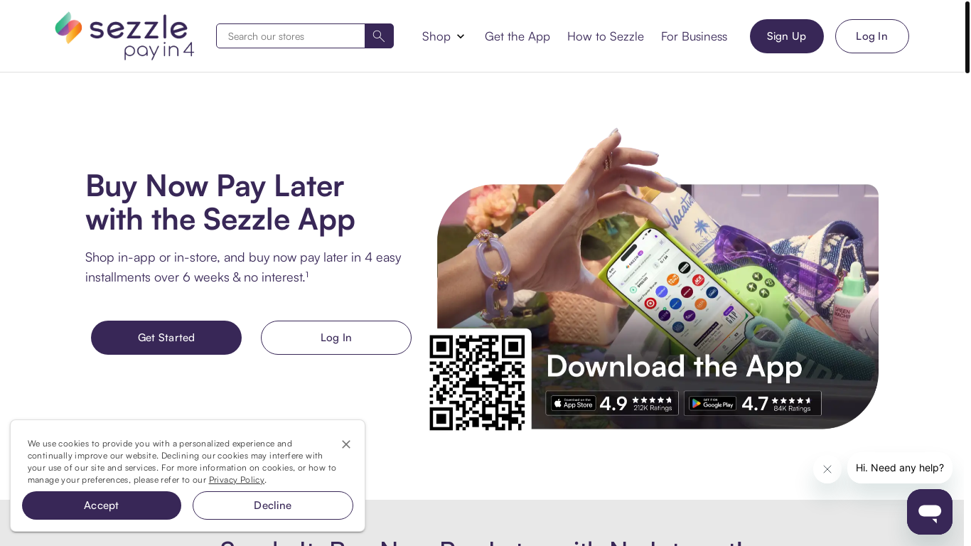 website screenshot of https://sezzle.com/