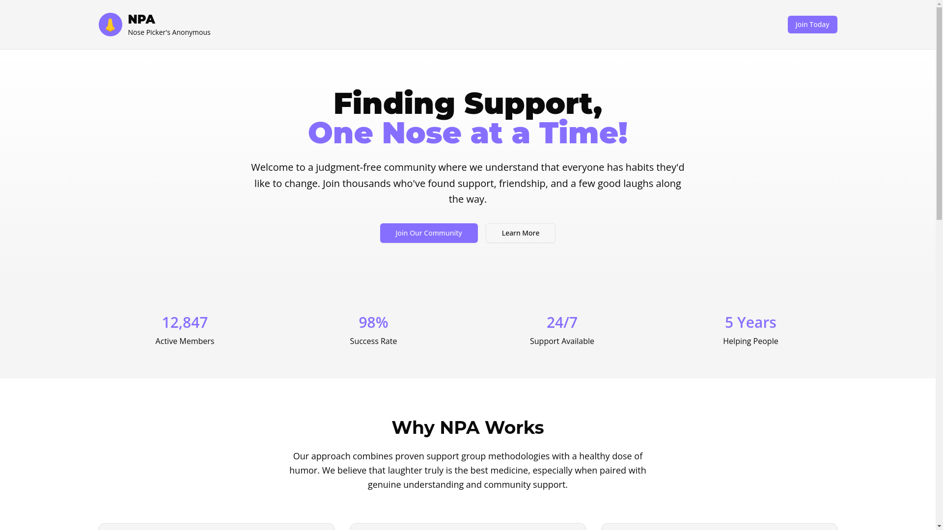 website screenshot of https://nosepickersanonymous.org/